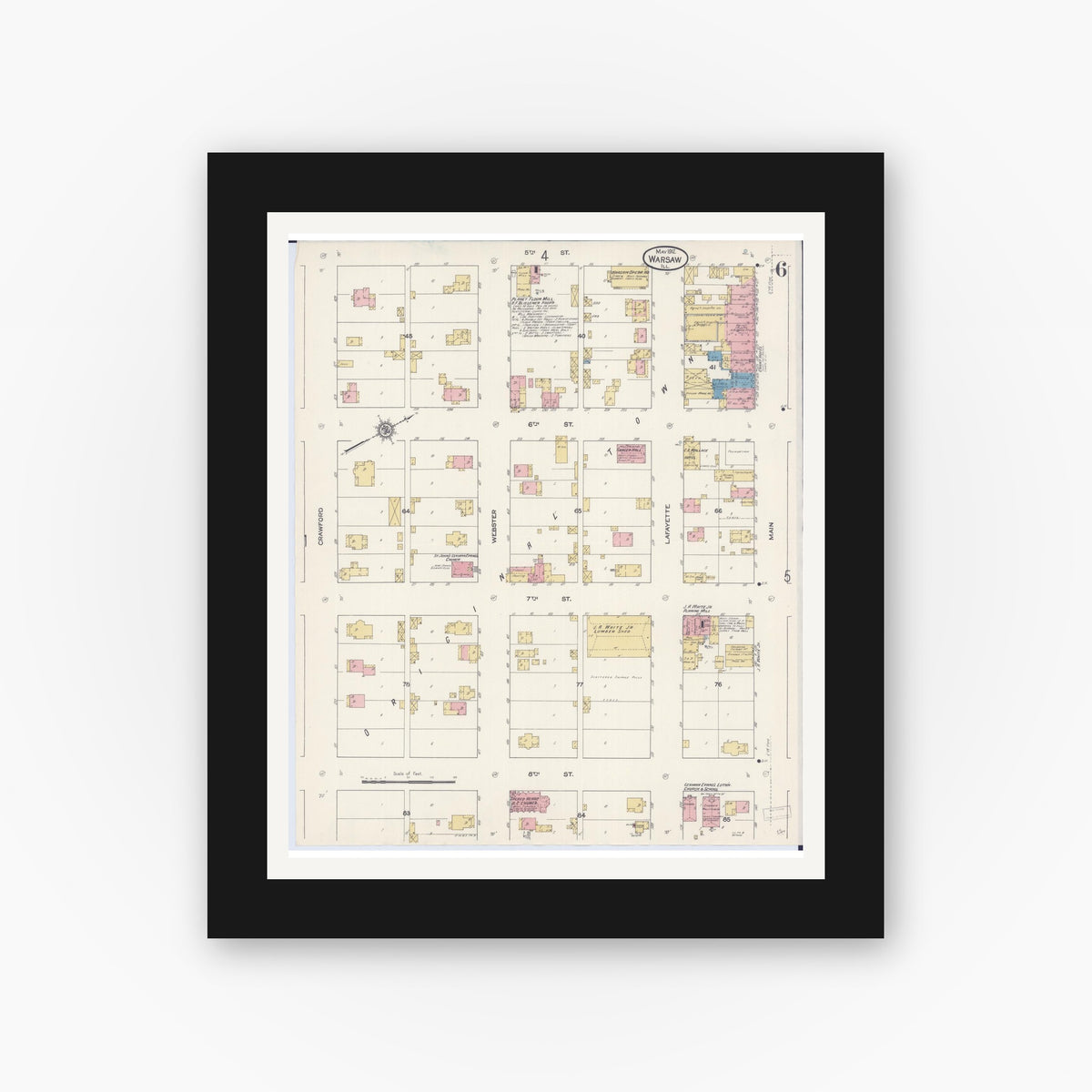 Old map wall art mockup — black gallery frame with white mat — Sanborn Fire Insurance Map from Warsaw, Hancock County, Illinois (1912), Sheet #0006