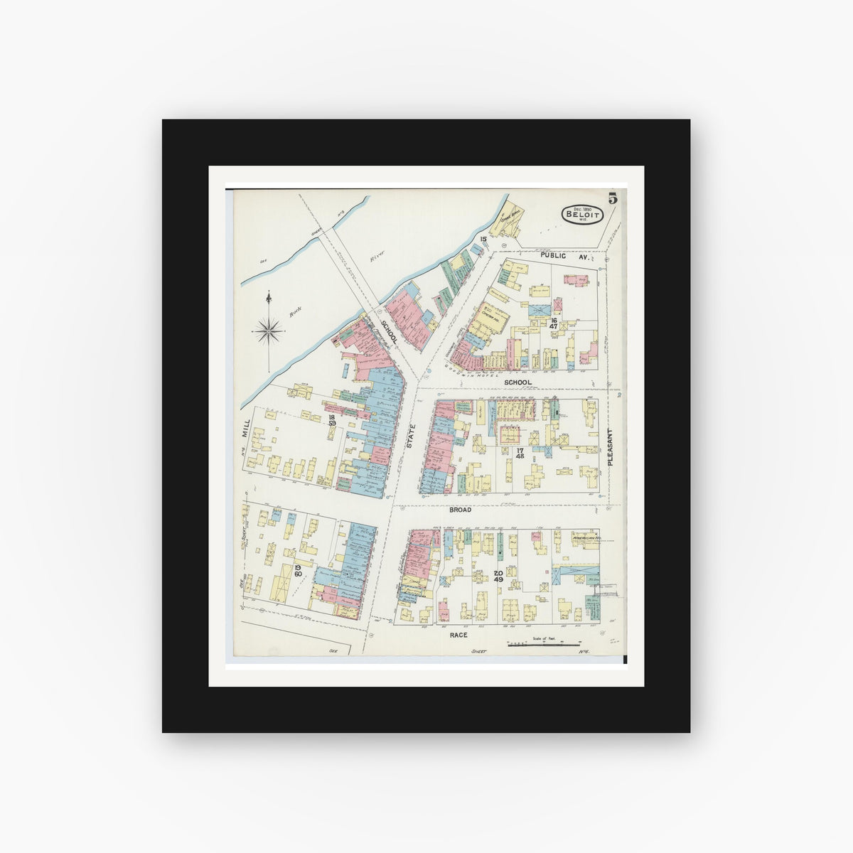 Old map wall art mockup — black gallery frame with white mat — Sanborn Fire Insurance Map from Beloit, Rock County, Wisconsin (1890), Sheet #0005