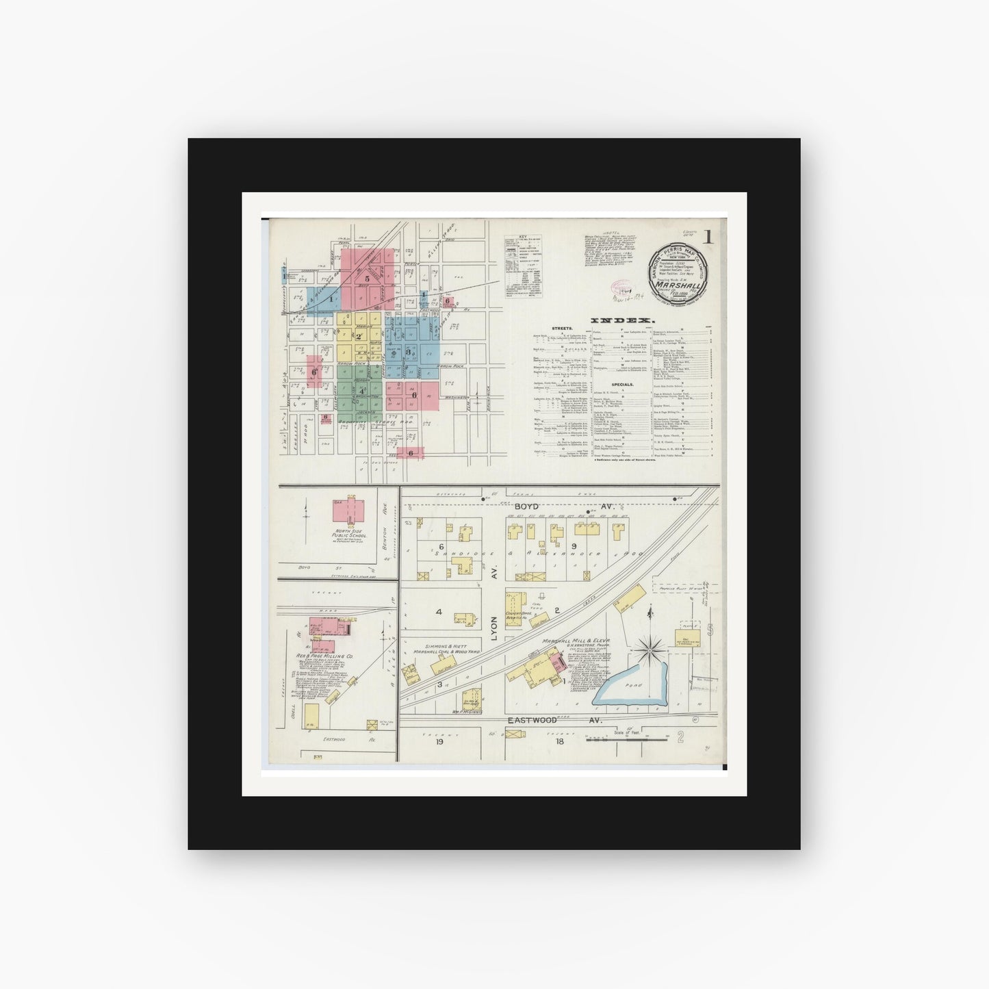 Old map wall art mockup — black gallery frame with white mat — Sanborn Fire Insurance Map from Marshall, Saline County, Missouri (1894), Sheet #0001