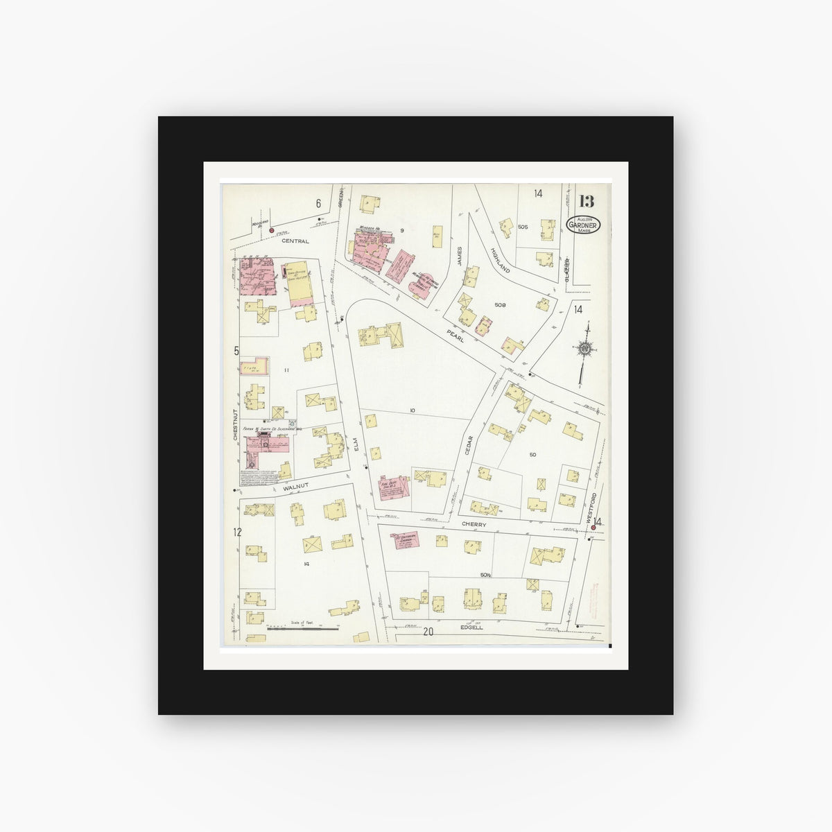 Old map wall art mockup — black gallery frame with white mat — Sanborn Fire Insurance Map from Gardner, Worcester County, Massachusetts (1914), Sheet #0013