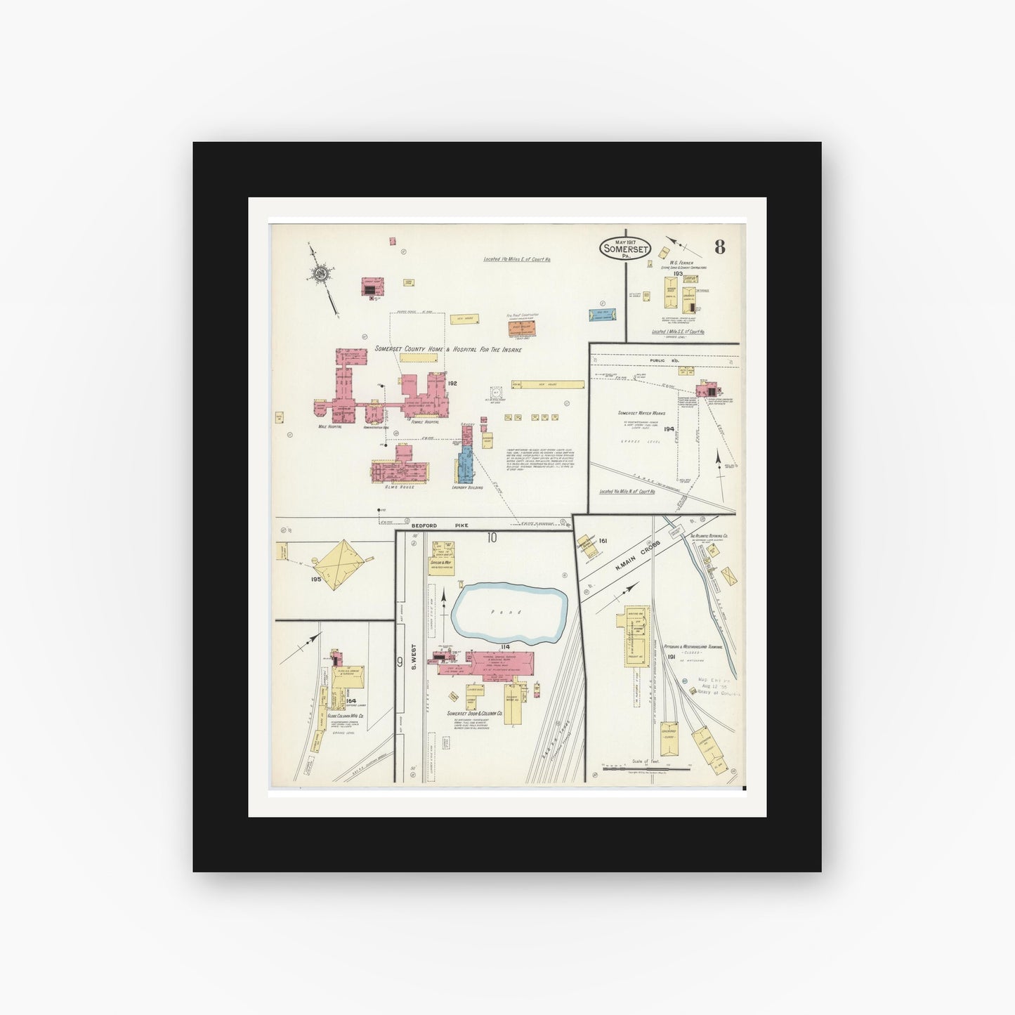 Old map wall art mockup — black gallery frame with white mat — Sanborn Fire Insurance Map from Somerset, Somerset County, Pennsylvania (1917), Sheet #0008