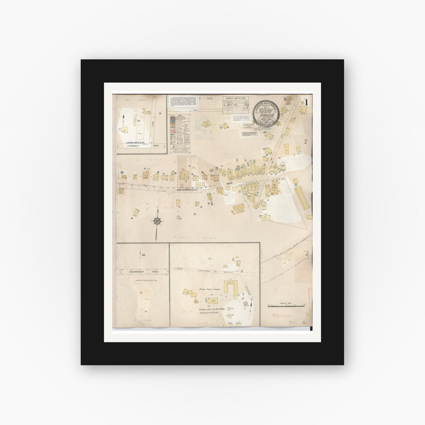 Old map wall art mockup — black gallery frame with white mat — Sanborn Fire Insurance Map from Pahoa, Hawaii County, Hawaii (1956) - Complete Map Set