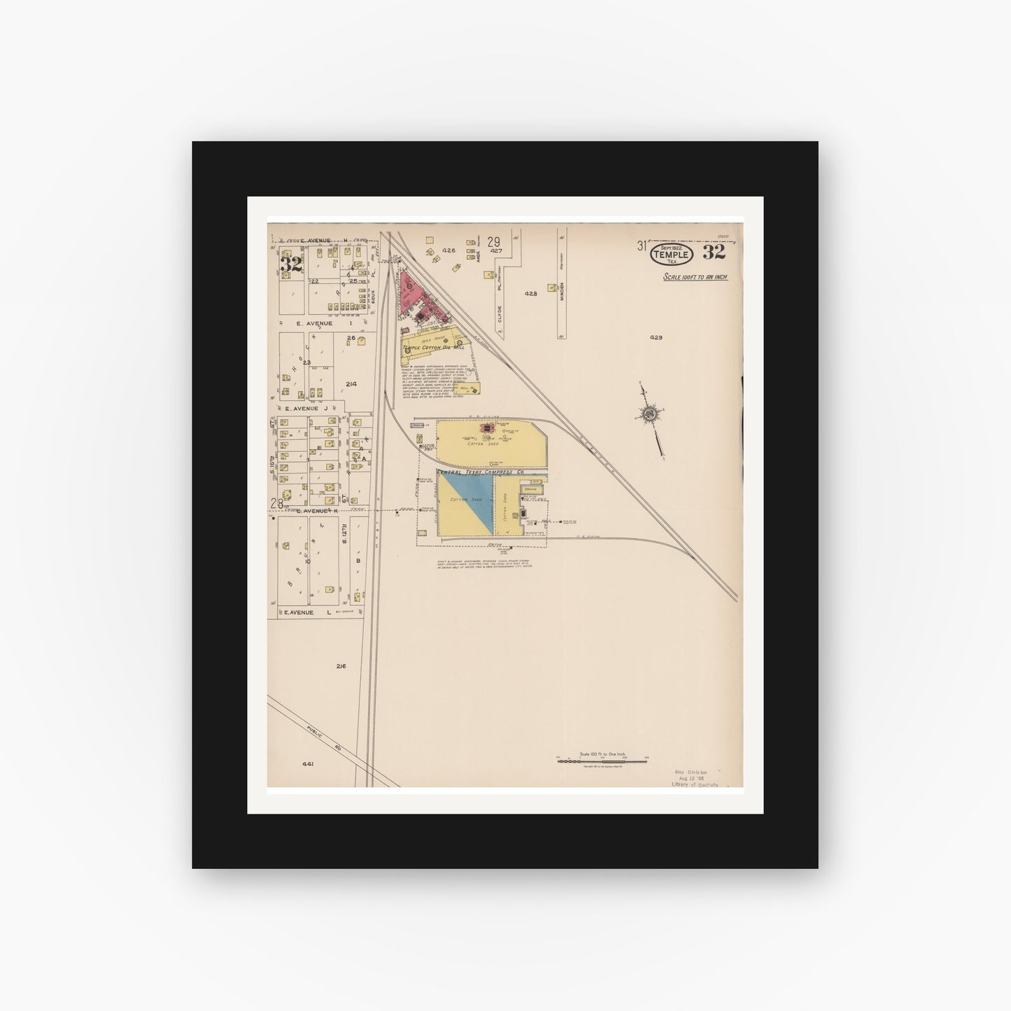 Old map wall art mockup — black gallery frame with white mat — Sanborn Fire Insurance Map from Temple, Bell County, Texas (1922), Sheet #0032