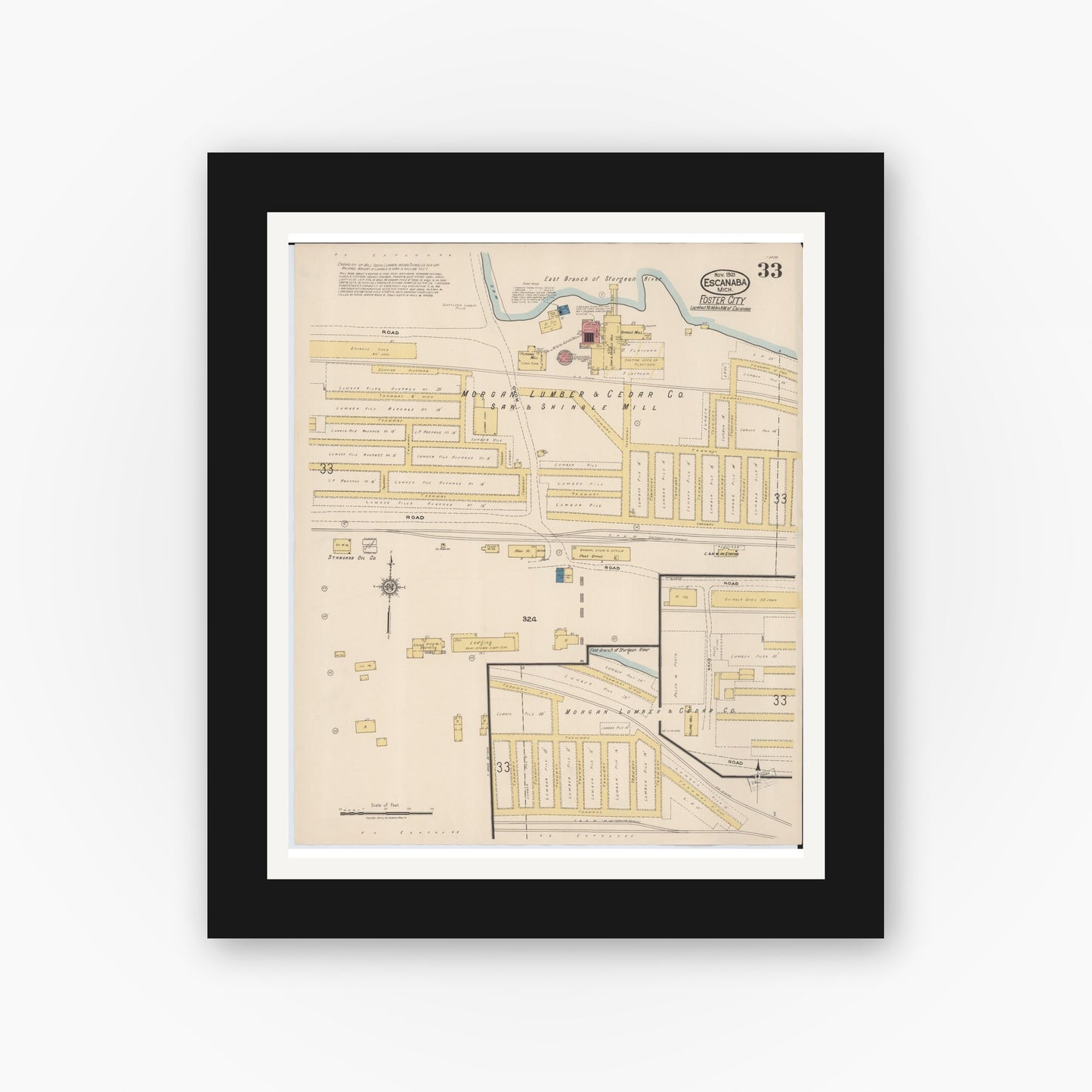 Old map wall art mockup — black gallery frame with white mat — Sanborn Fire Insurance Map from Escanaba, Delta County, Michigan (1921), Sheet #0033
