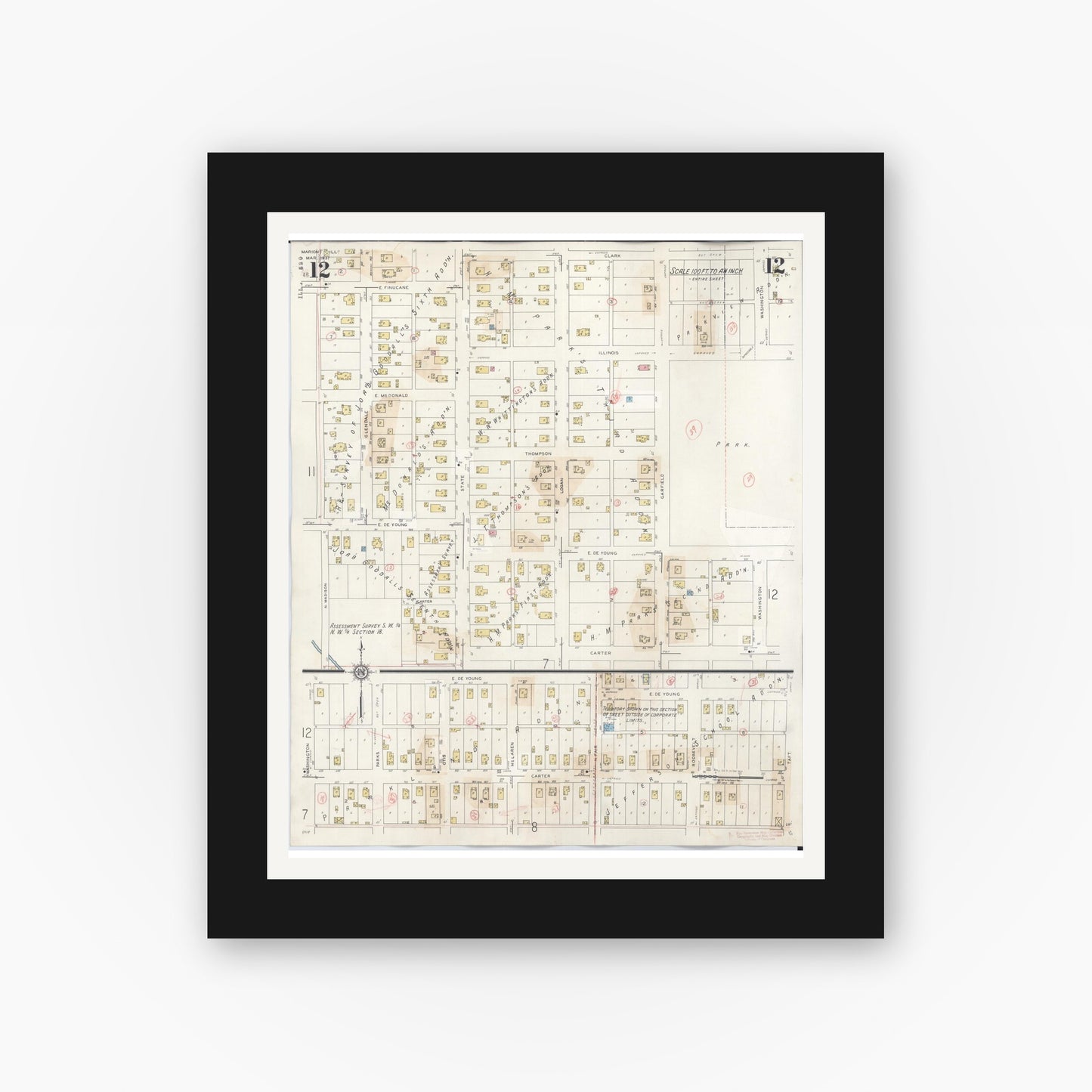 Old map wall art mockup — black gallery frame with white mat — Sanborn Fire Insurance Map from Marion, Williamson County, Illinois (1946), Sheet #0012