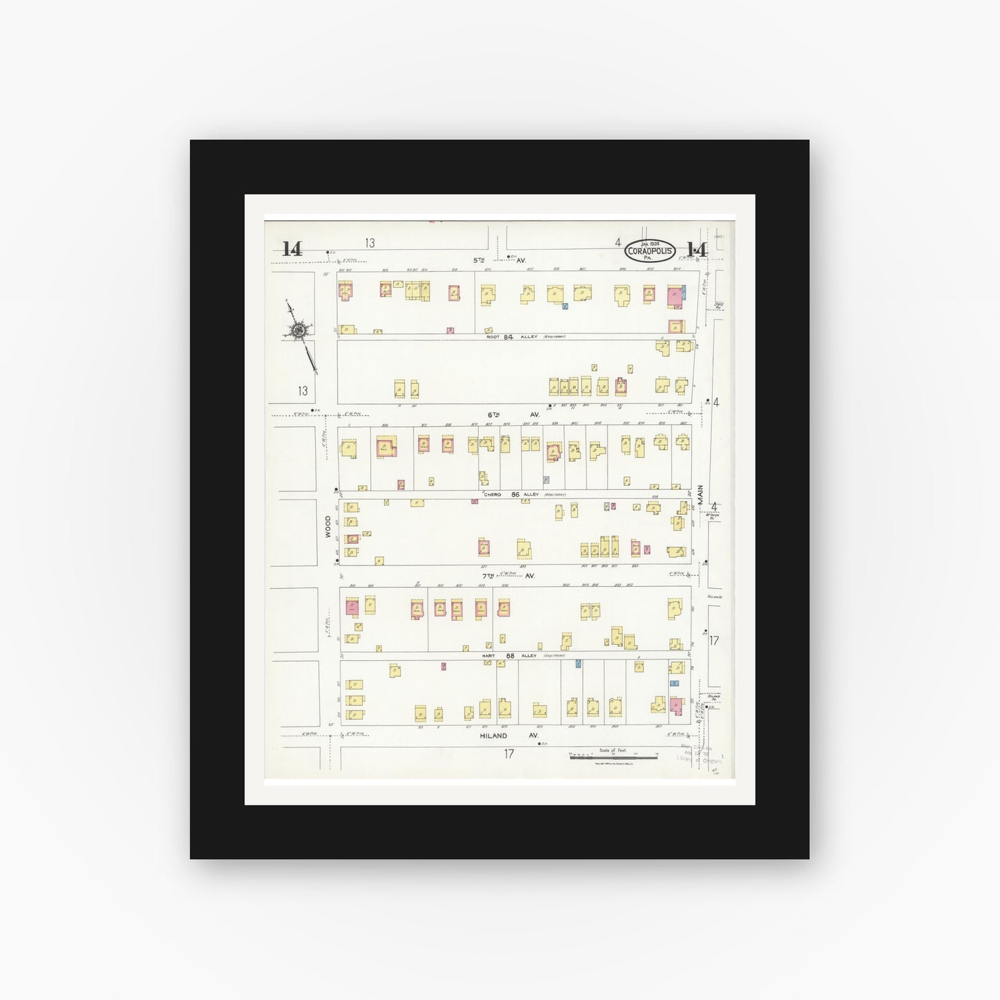Old map wall art mockup — black gallery frame with white mat — Sanborn Fire Insurance Map from Coraopolis, Allegheny County, Pennsylvania (1924), Sheet #0014
