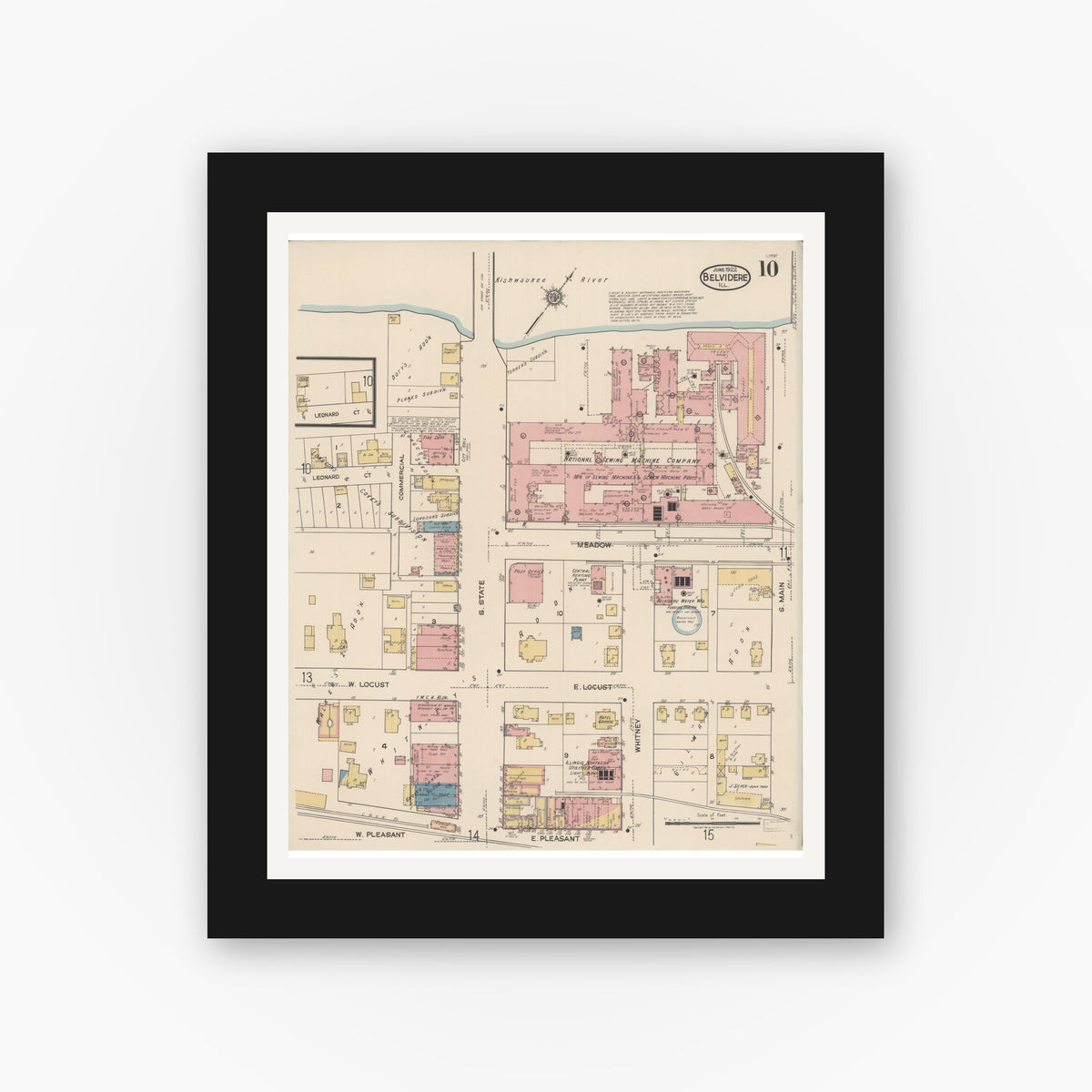 Old map wall art mockup — black gallery frame with white mat — Sanborn Fire Insurance Map from Belvidere, Boone County, Illinois (1922), Sheet #0010