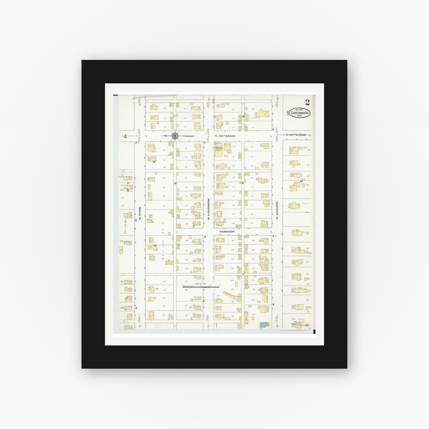 Old map wall art mockup — black gallery frame with white mat — Sanborn Fire Insurance Map from Gibsonburg, Sandusky County, Ohio (1910), Sheet #0002