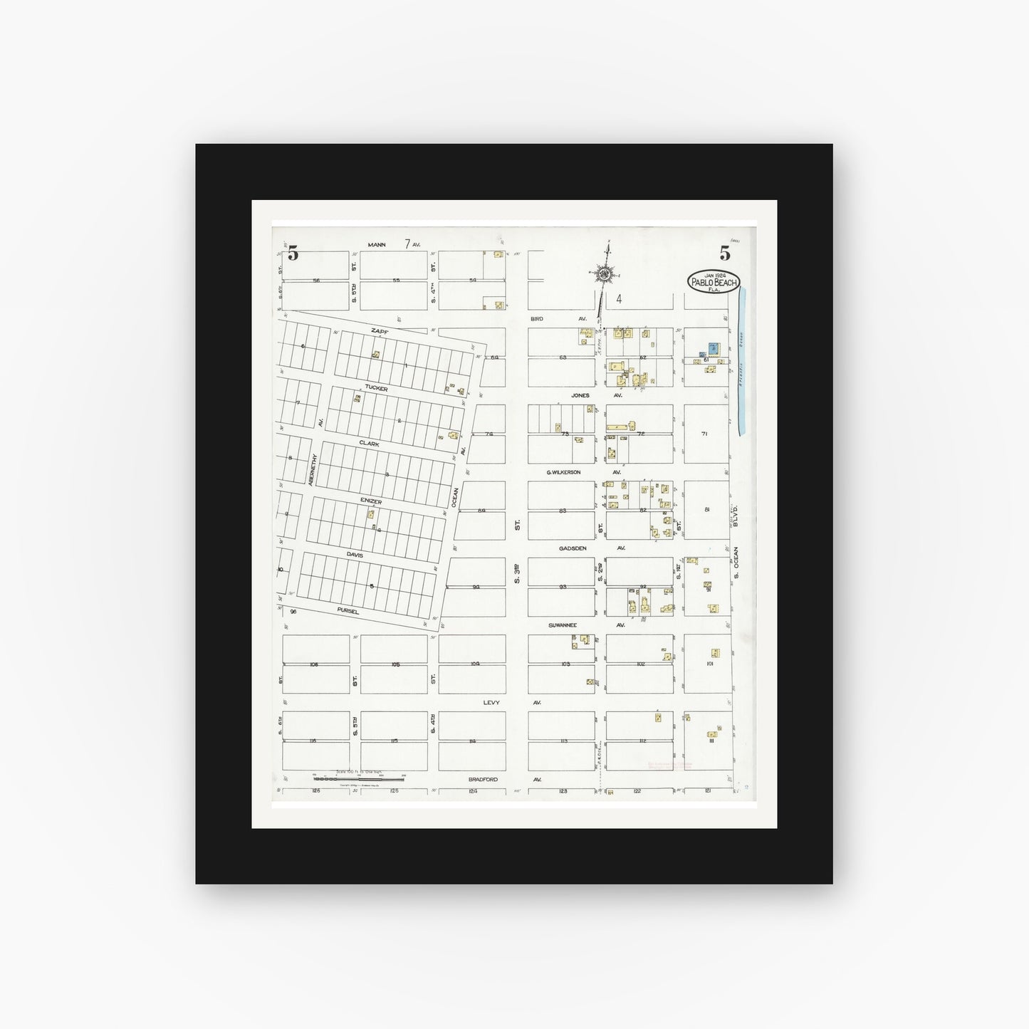 Old map wall art mockup — black gallery frame with white mat — Sanborn Fire Insurance Map from Pablo Beach, Duval County, Florida (1924), Sheet #0005