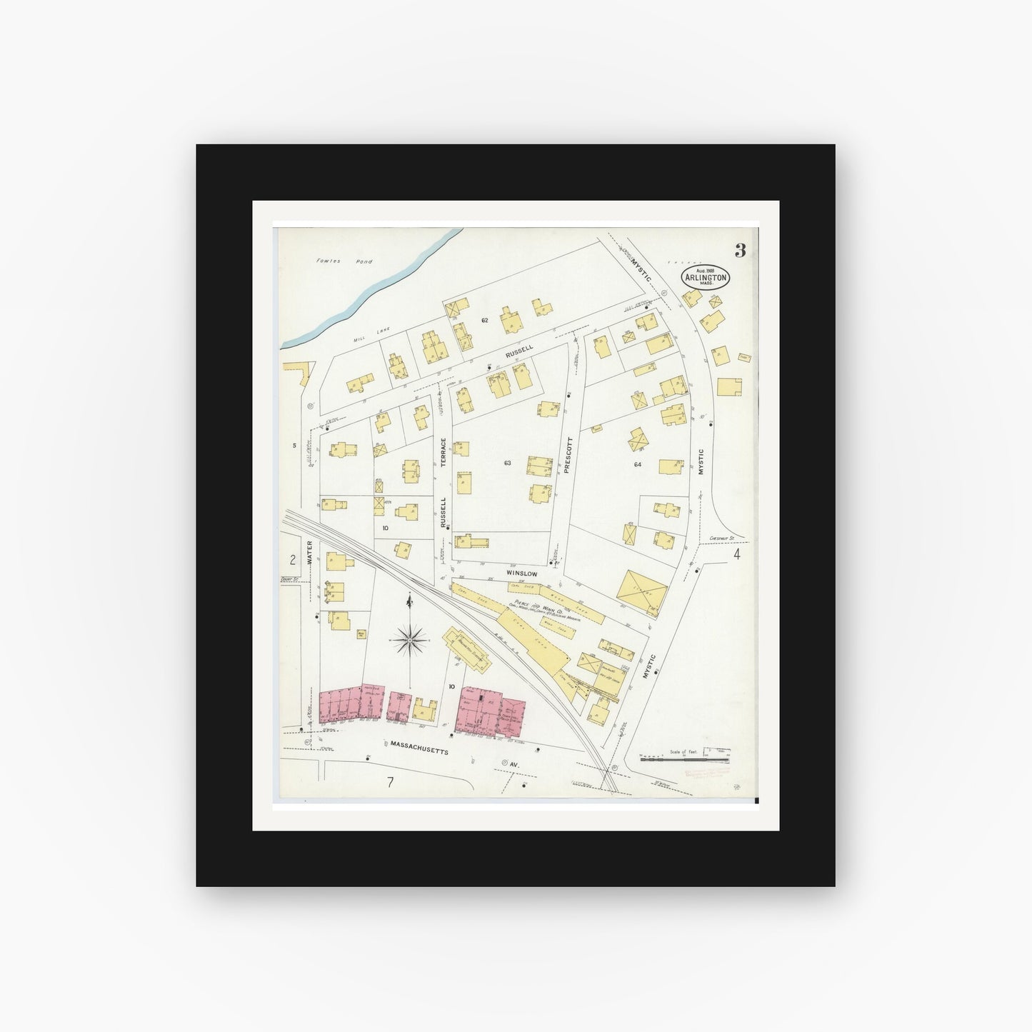 Old map wall art mockup — black gallery frame with white mat — Sanborn Fire Insurance Map from Arlington, Middlesex County, Massachusetts (1908), Sheet #0003