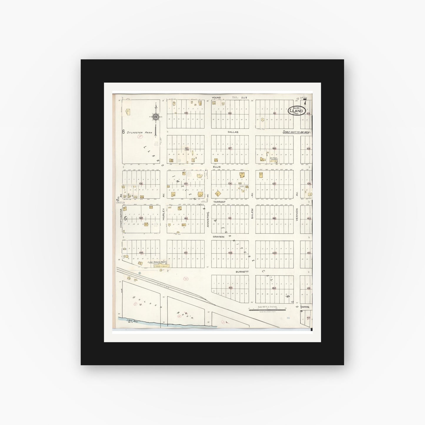 Old map wall art mockup — black gallery frame with white mat — Sanborn Fire Insurance Map from Llano, Llano County, Texas (1942), Sheet #0007