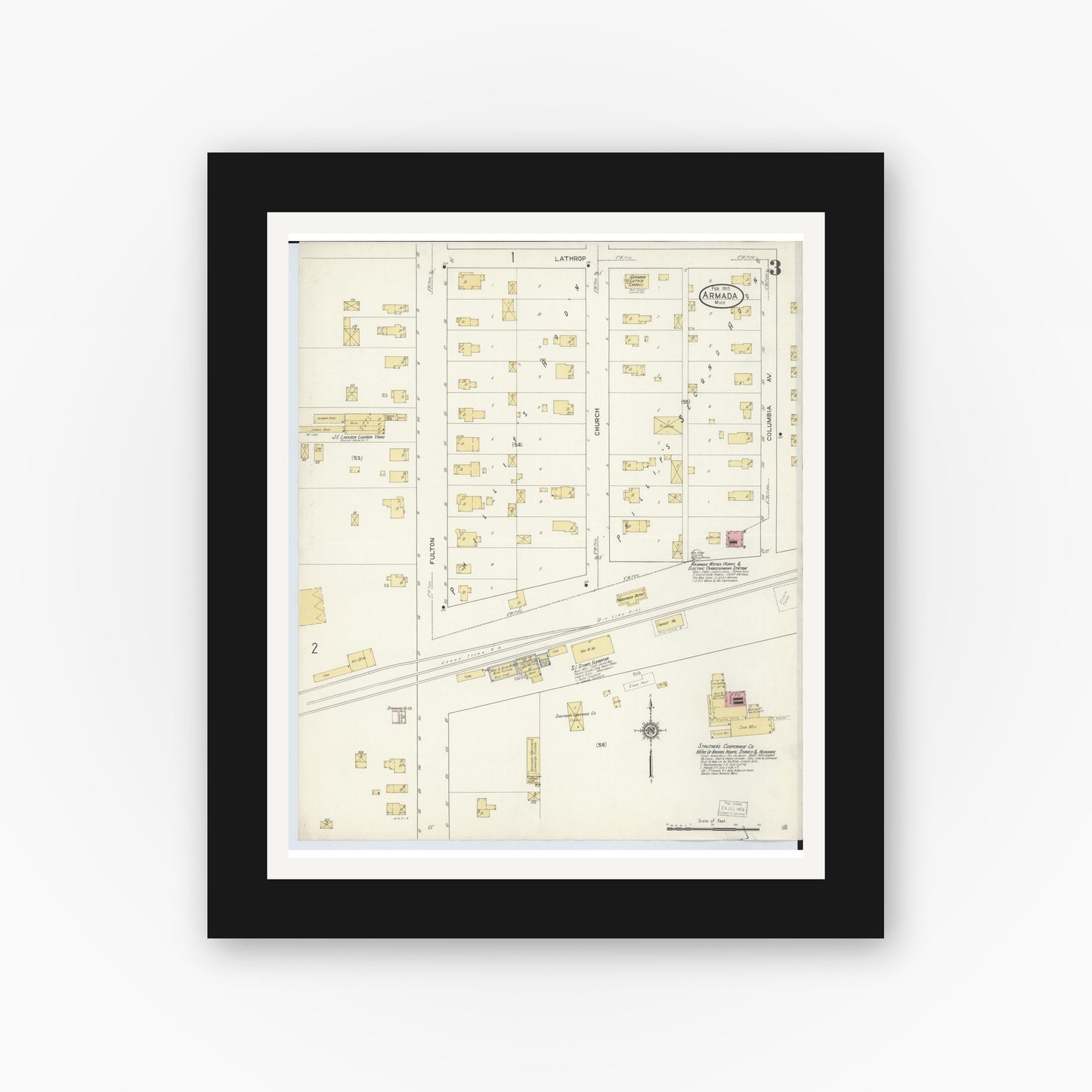 Old map wall art mockup — black gallery frame with white mat — Sanborn Fire Insurance Map from Armada, Macomb County, Michigan (1913), Sheet #0003