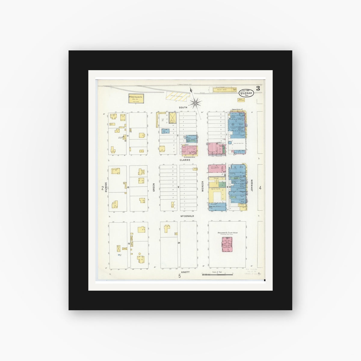 Old map wall art mockup — black gallery frame with white mat — Sanborn Fire Insurance Map from Quanah, Hardeman County, Texas (1908), Sheet #0003