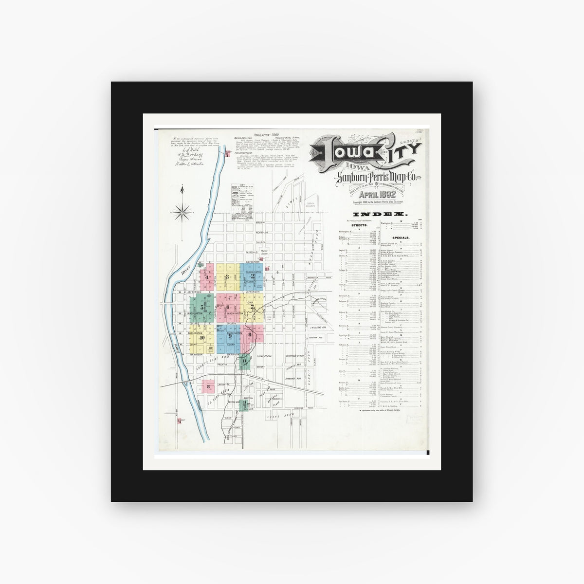 Old map wall art mockup — black gallery frame with white mat — Sanborn Fire Insurance Map from Iowa City, Johnson County, Iowa (1892) — Complete Set
