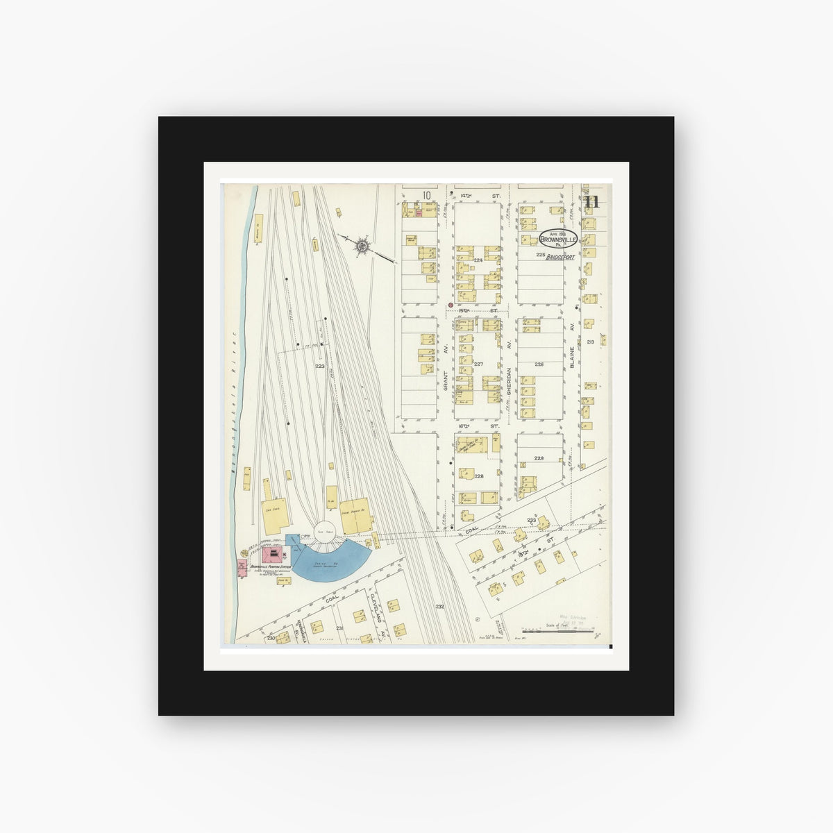 Old map wall art mockup — black gallery frame with white mat — Sanborn Fire Insurance Map from Brownsville, Fayette County, Pennsylvania (1913), Sheet #0011