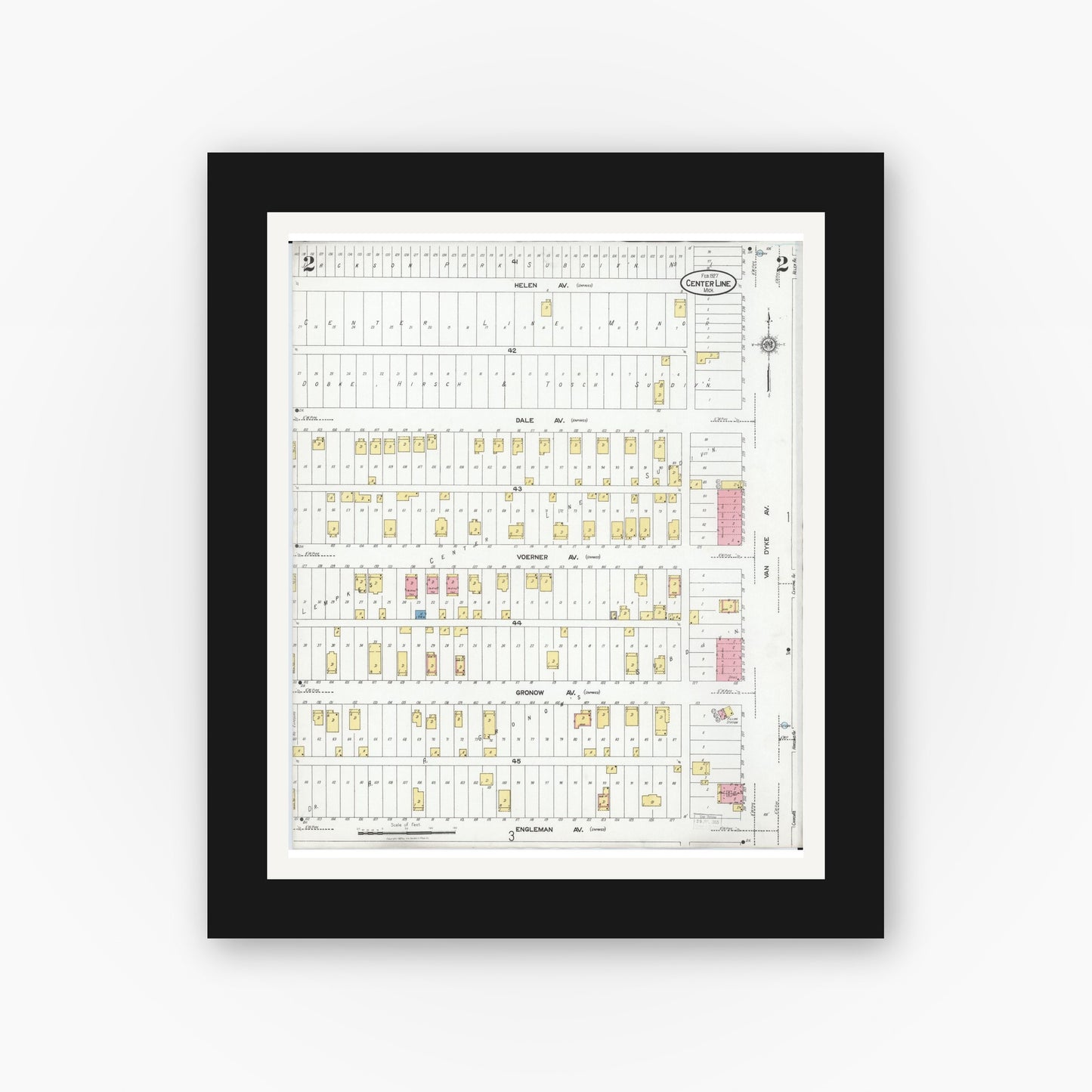 Old map wall art mockup — black gallery frame with white mat — Sanborn Fire Insurance Map from Center Line, Macomb County, Michigan (1927), Sheet #0002