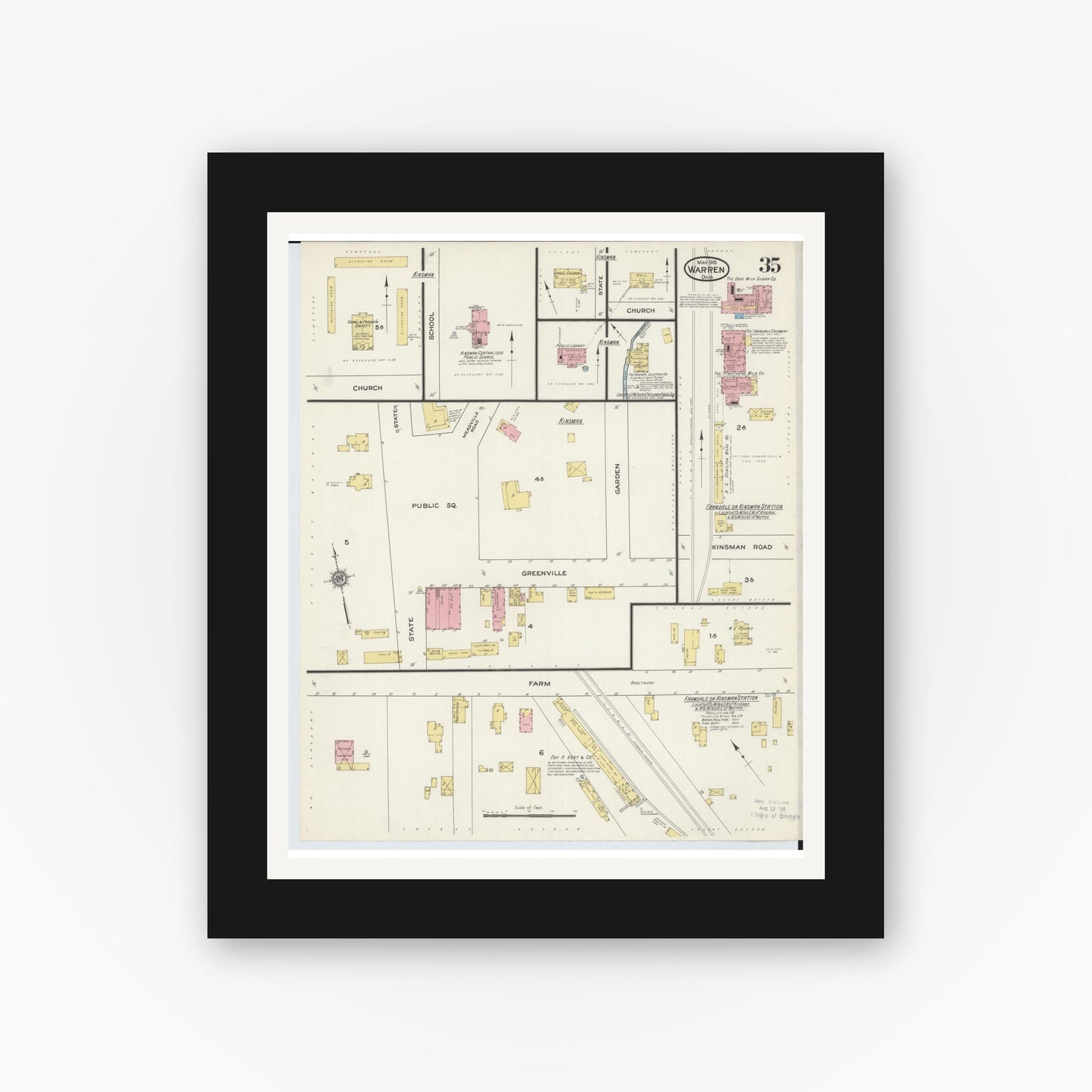 Old map wall art mockup — black gallery frame with white mat — Sanborn Fire Insurance Map from Warren, Trumbull County, Ohio (1915), Sheet #0035