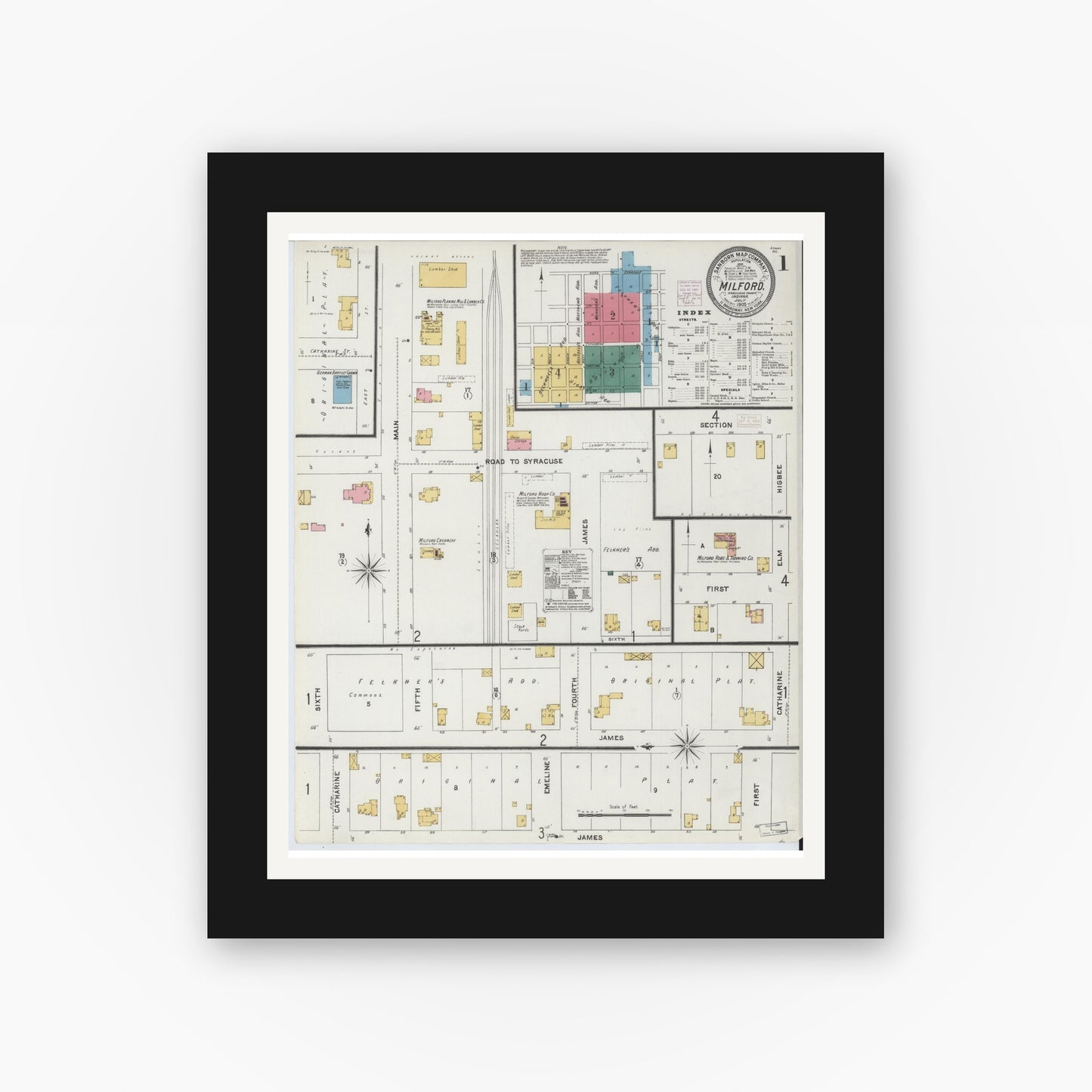 Old map wall art mockup — black gallery frame with white mat — Sanborn Fire Insurance Map from Milford, Kosciusko County, Indiana (1905), Sheet #0001