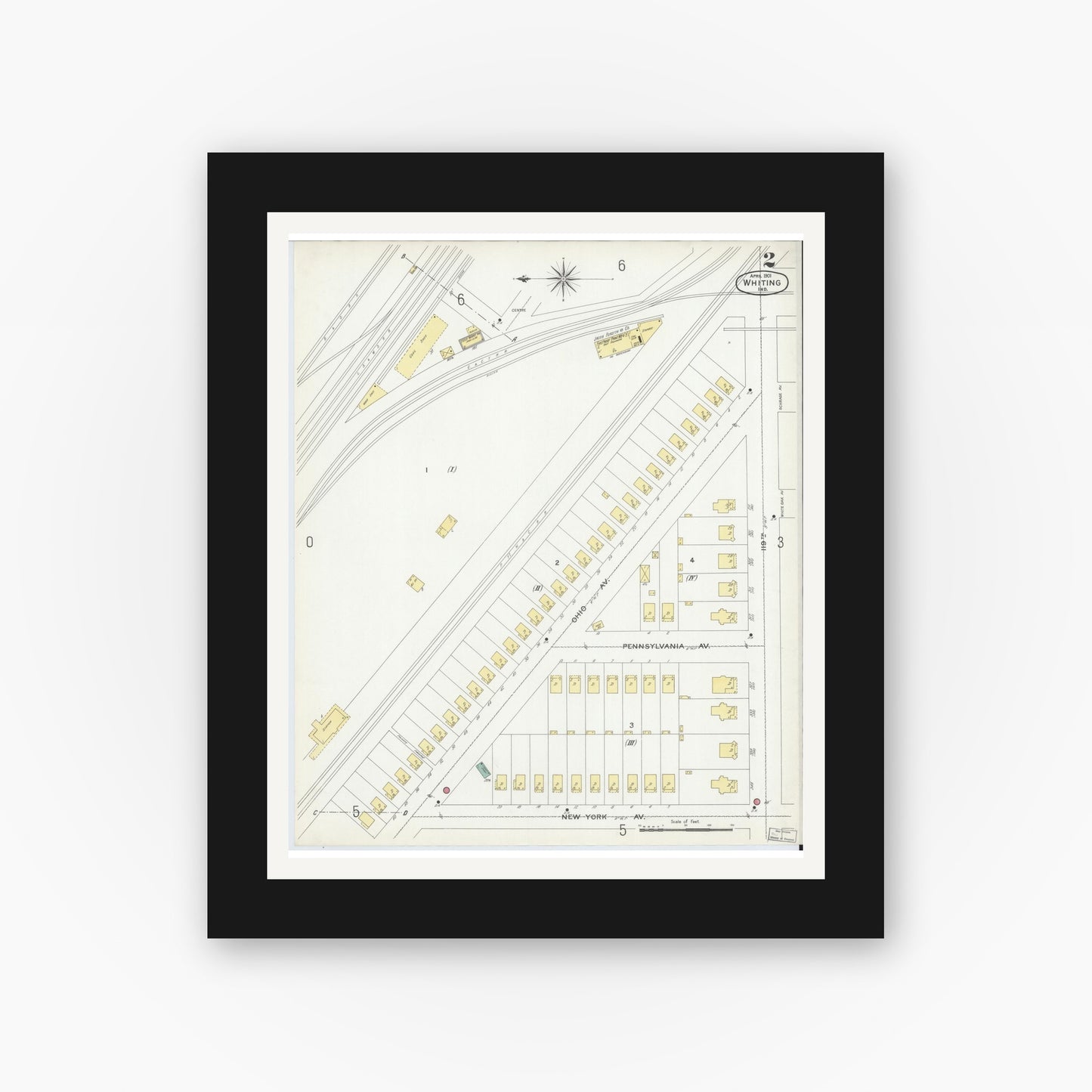 Old map wall art mockup — black gallery frame with white mat — Sanborn Fire Insurance Map from Whiting, Lake County, Indiana (1901), Sheet #0002