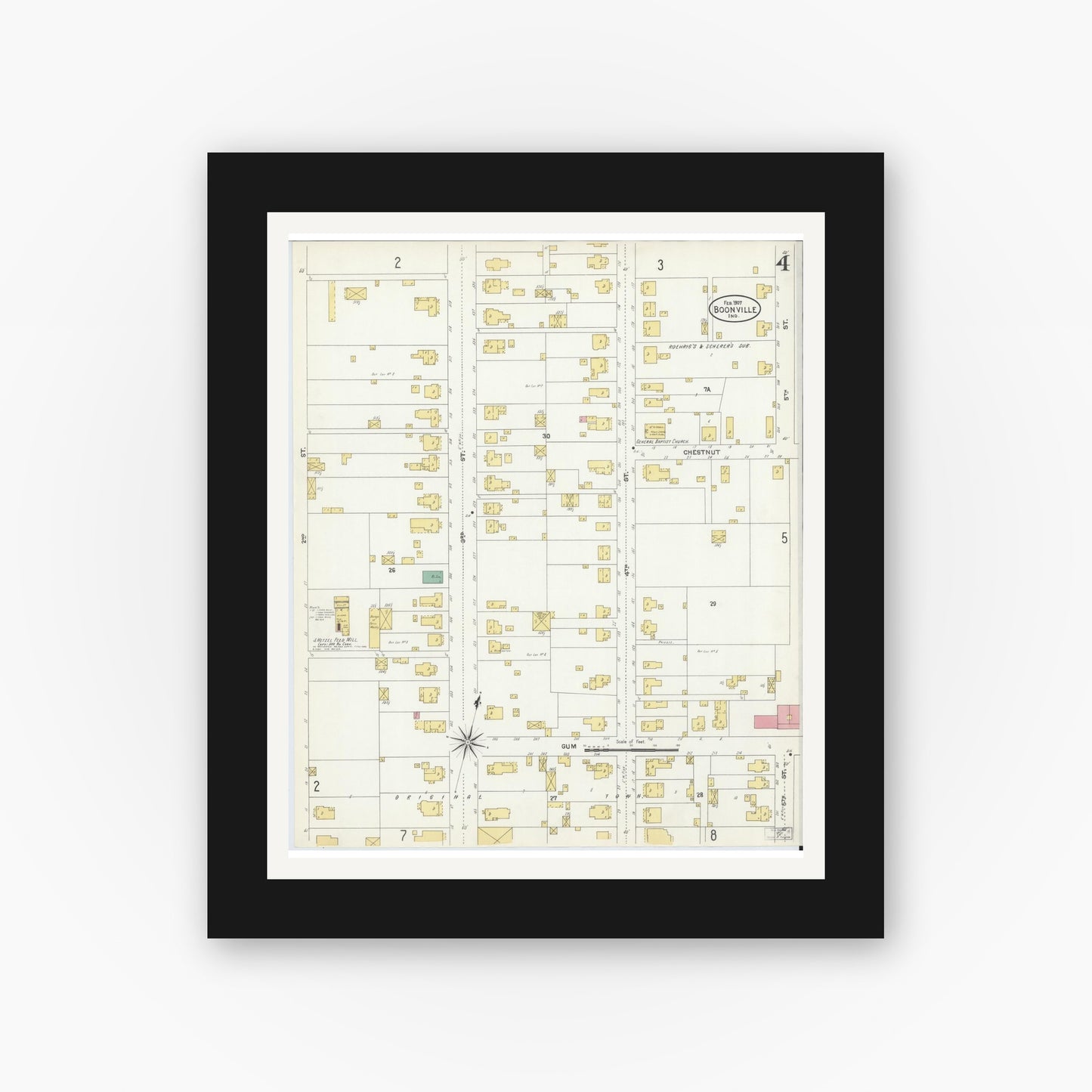 Old map wall art mockup — black gallery frame with white mat — Sanborn Fire Insurance Map from Boonville, Warrick County, Indiana (1907), Sheet #0004