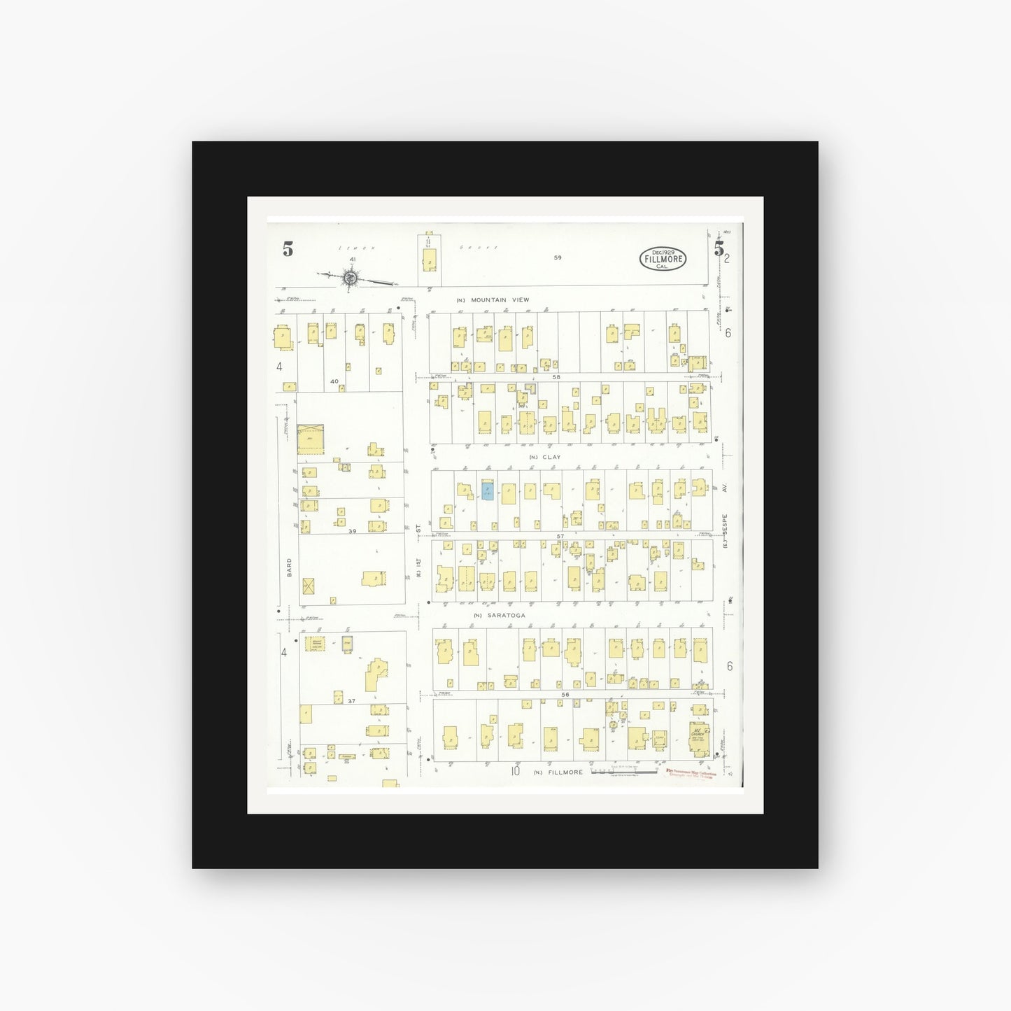 Old map wall art mockup — black gallery frame with white mat — Sanborn Fire Insurance Map from Fillmore, Ventura County, California (1929), Sheet #0005