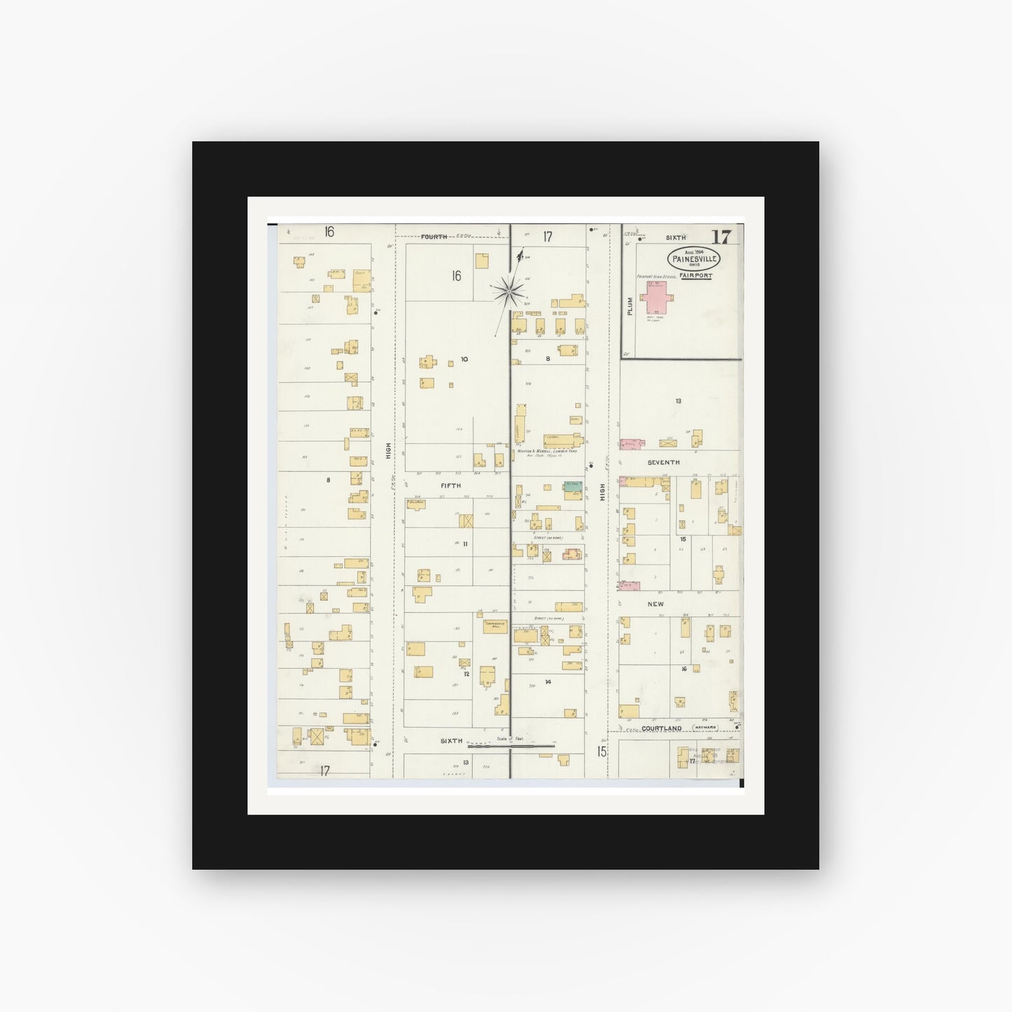 Old map wall art mockup — black gallery frame with white mat — Sanborn Fire Insurance Map from Painesville, Lake County, Ohio (1904), Sheet #0017