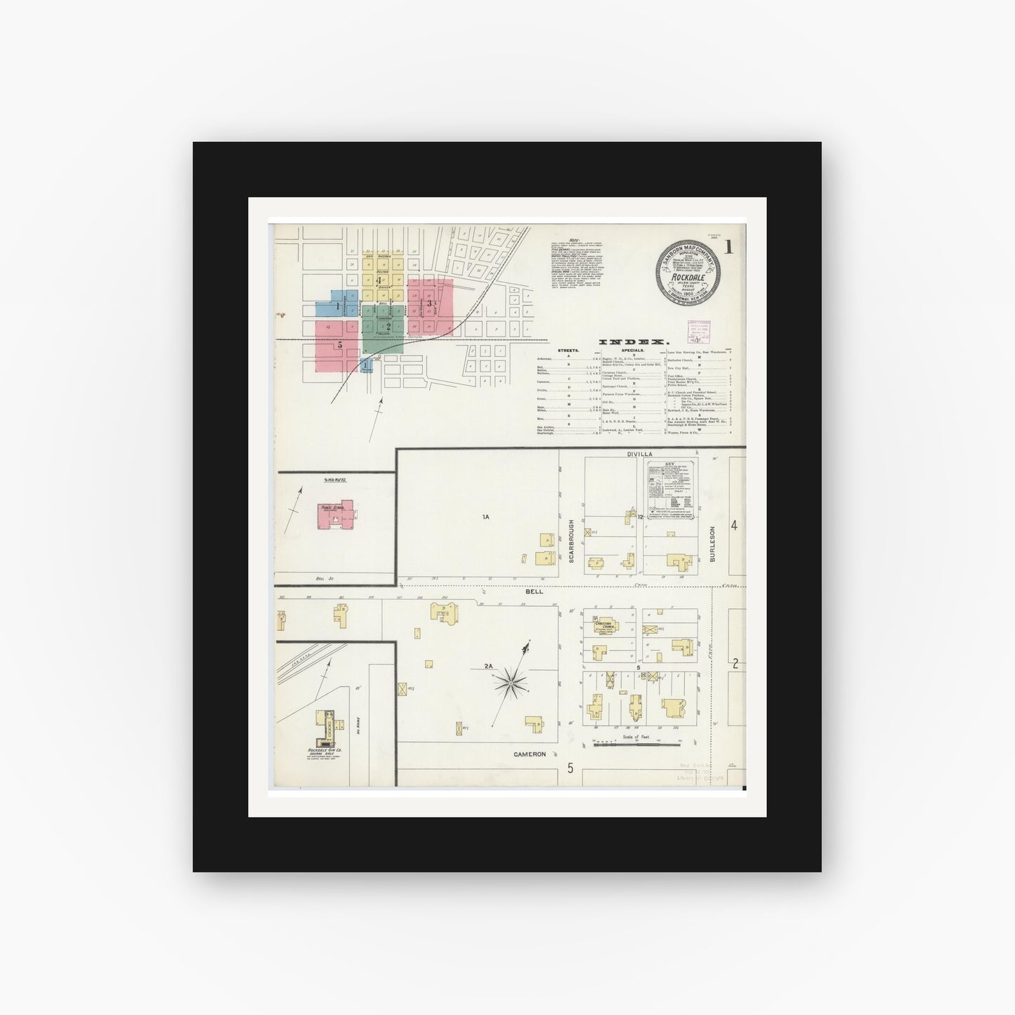 Old map wall art mockup — black gallery frame with white mat — Sanborn Fire Insurance Map from Rockdale, Milam County, Texas (1906) - Complete Map Set