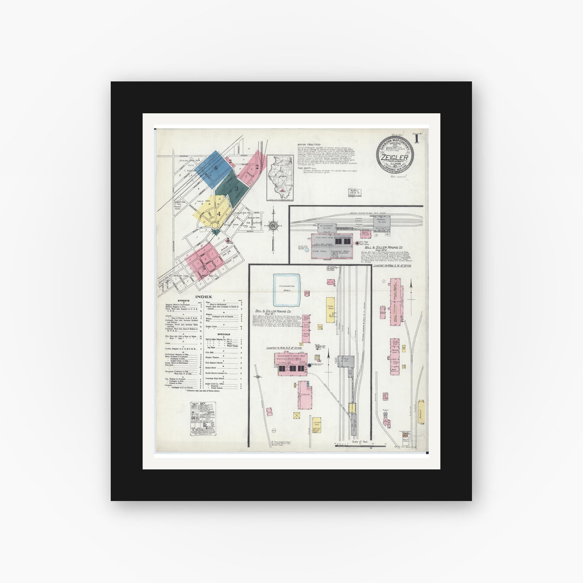 Old map wall art mockup — black gallery frame with white mat — Sanborn Fire Insurance Map from Zeigler, Franklin County, Illinois (1921), Sheet #0001