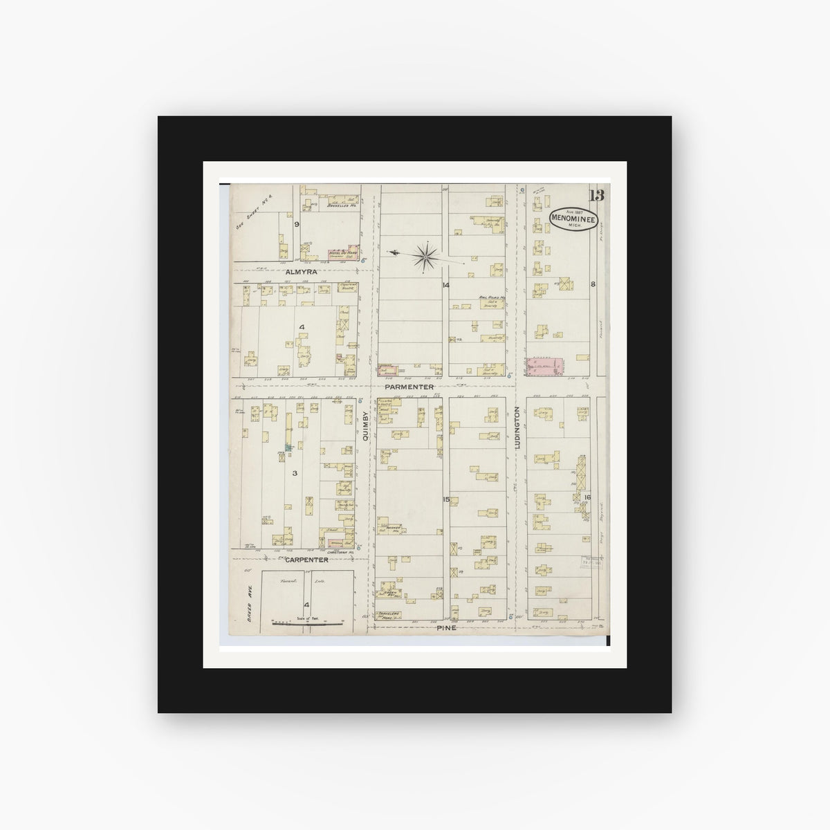 Old map wall art mockup — black gallery frame with white mat — Sanborn Fire Insurance Map from Menominee, Menominee County, Michigan (1887), Sheet #0013