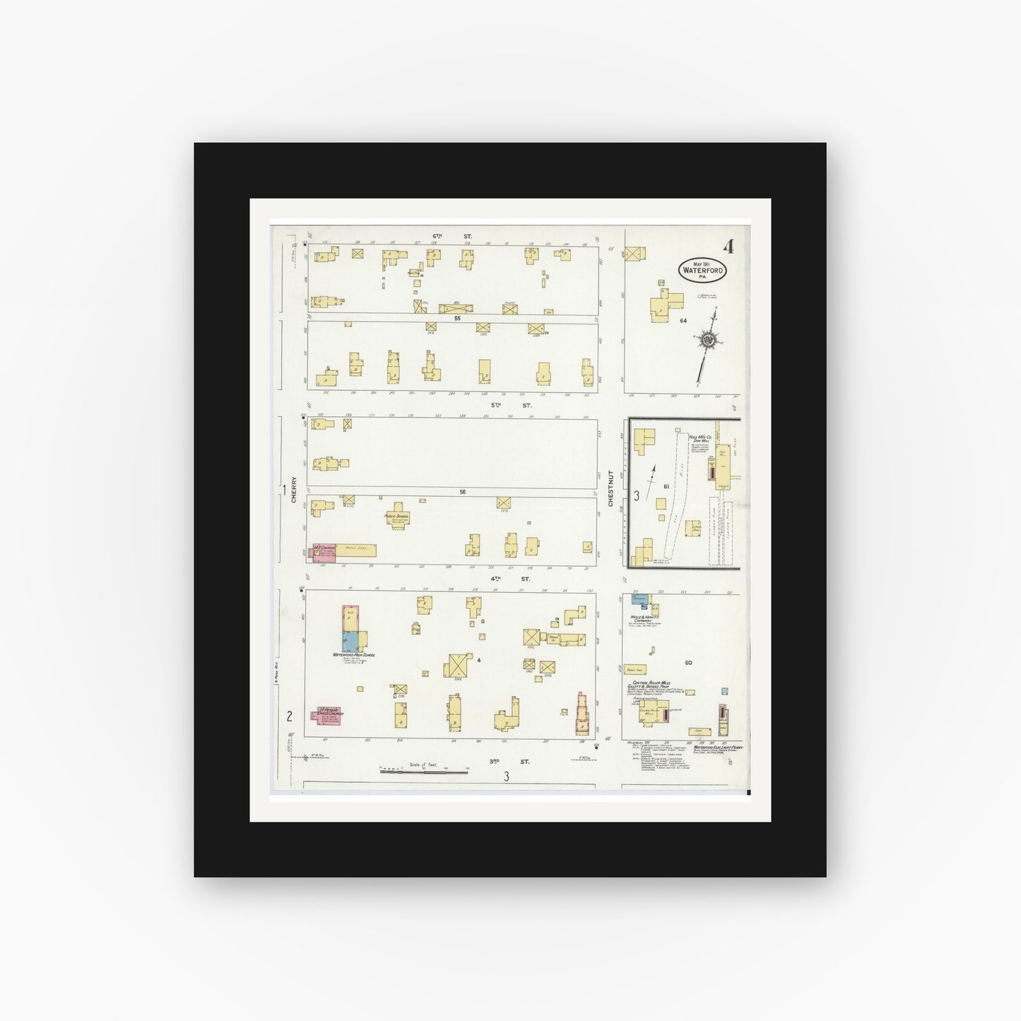 Old map wall art mockup — black gallery frame with white mat — Sanborn Fire Insurance Map from Waterford, Erie County, Pennsylvania (1911), Sheet #0004