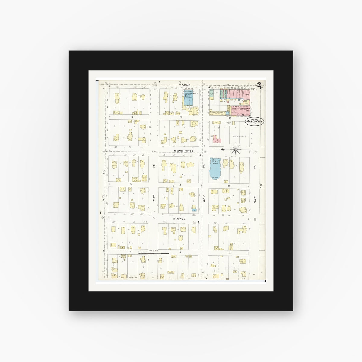Old map wall art mockup — black gallery frame with white mat — Sanborn Fire Insurance Map from Mason City, Cerro Gordo County, Iowa (1897), Sheet #0002