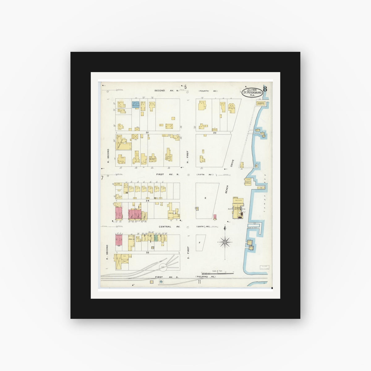 Old map wall art mockup — black gallery frame with white mat — Sanborn Fire Insurance Map from Saint Petersburg, Pinellas County, Florida (1908), Sheet #0008