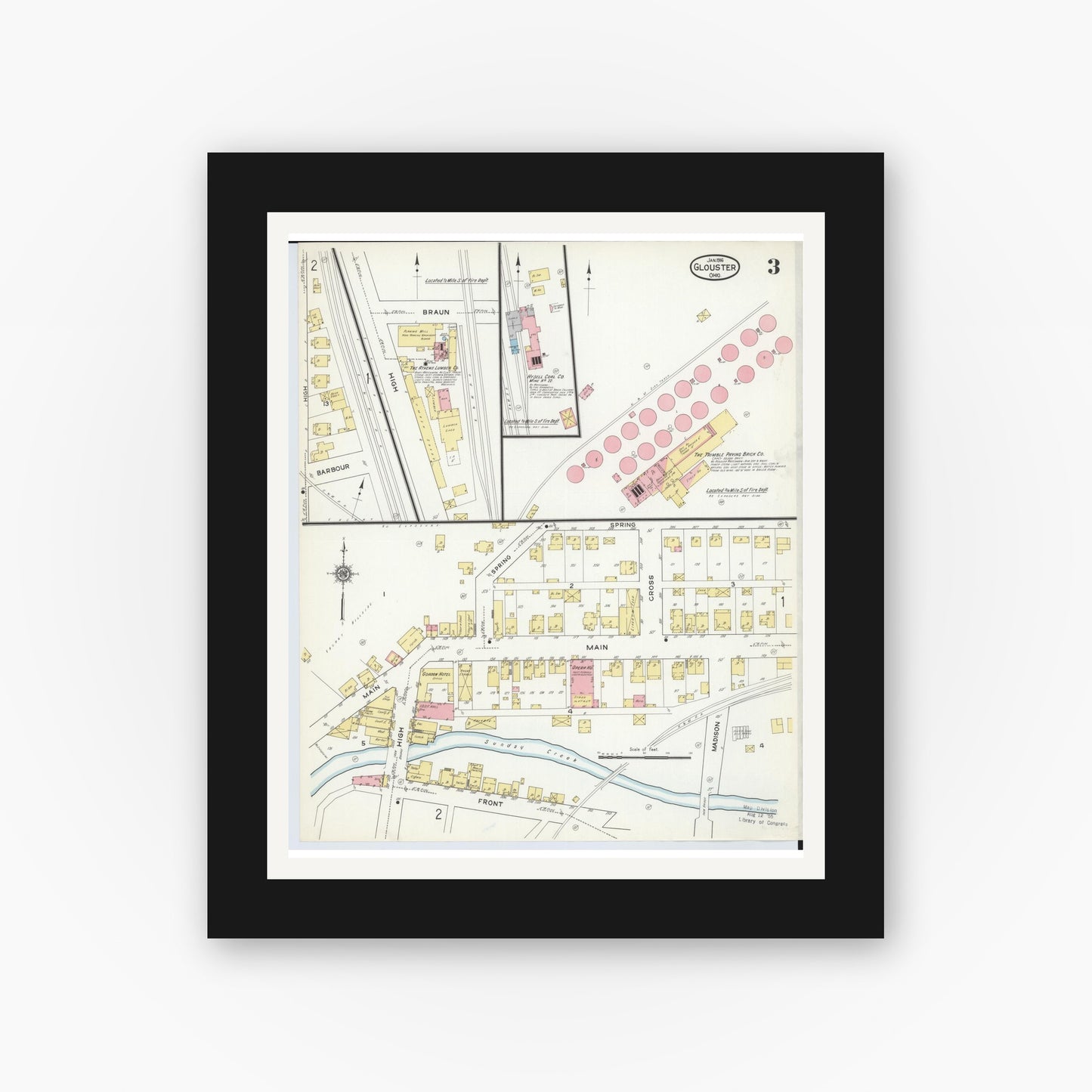 Old map wall art mockup — black gallery frame with white mat — Sanborn Fire Insurance Map from Glouster, Athens County, Ohio (1912), Sheet #0003