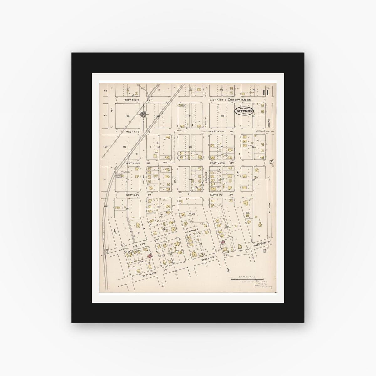 Old map wall art mockup — black gallery frame with white mat — Sanborn Fire Insurance Map from Sweetwater, Nolan County, Texas (1922), Sheet #0011