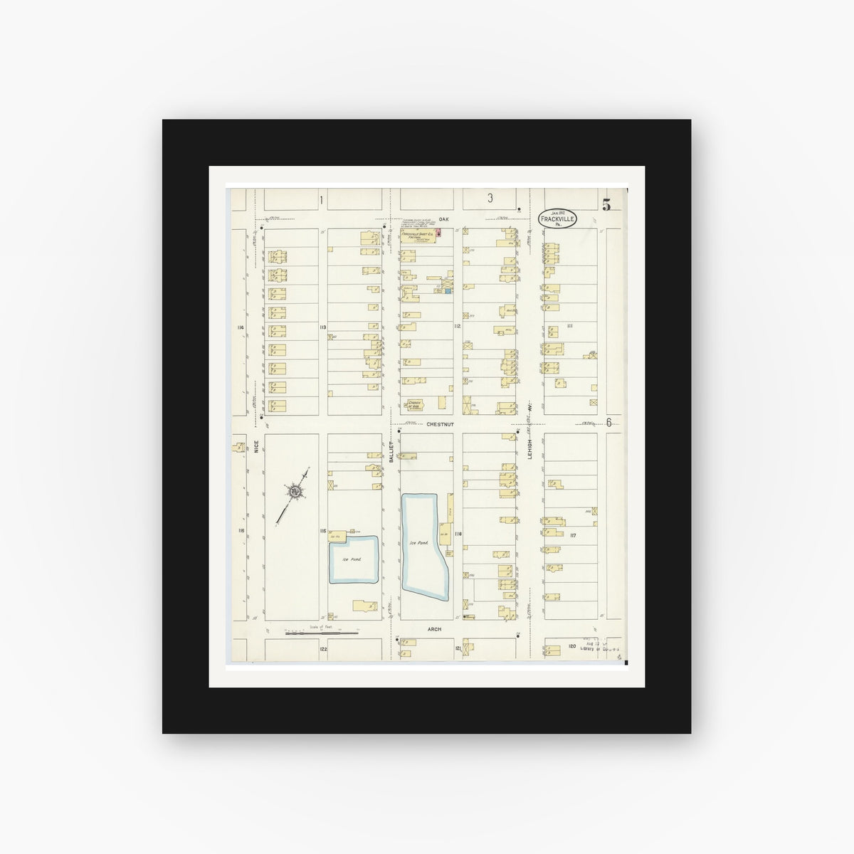 Old map wall art mockup β black gallery frame with white mat β Sanborn Fire Insurance Map from Frackville, Schuylkill County, Pennsylvania (1912), Sheet #0005