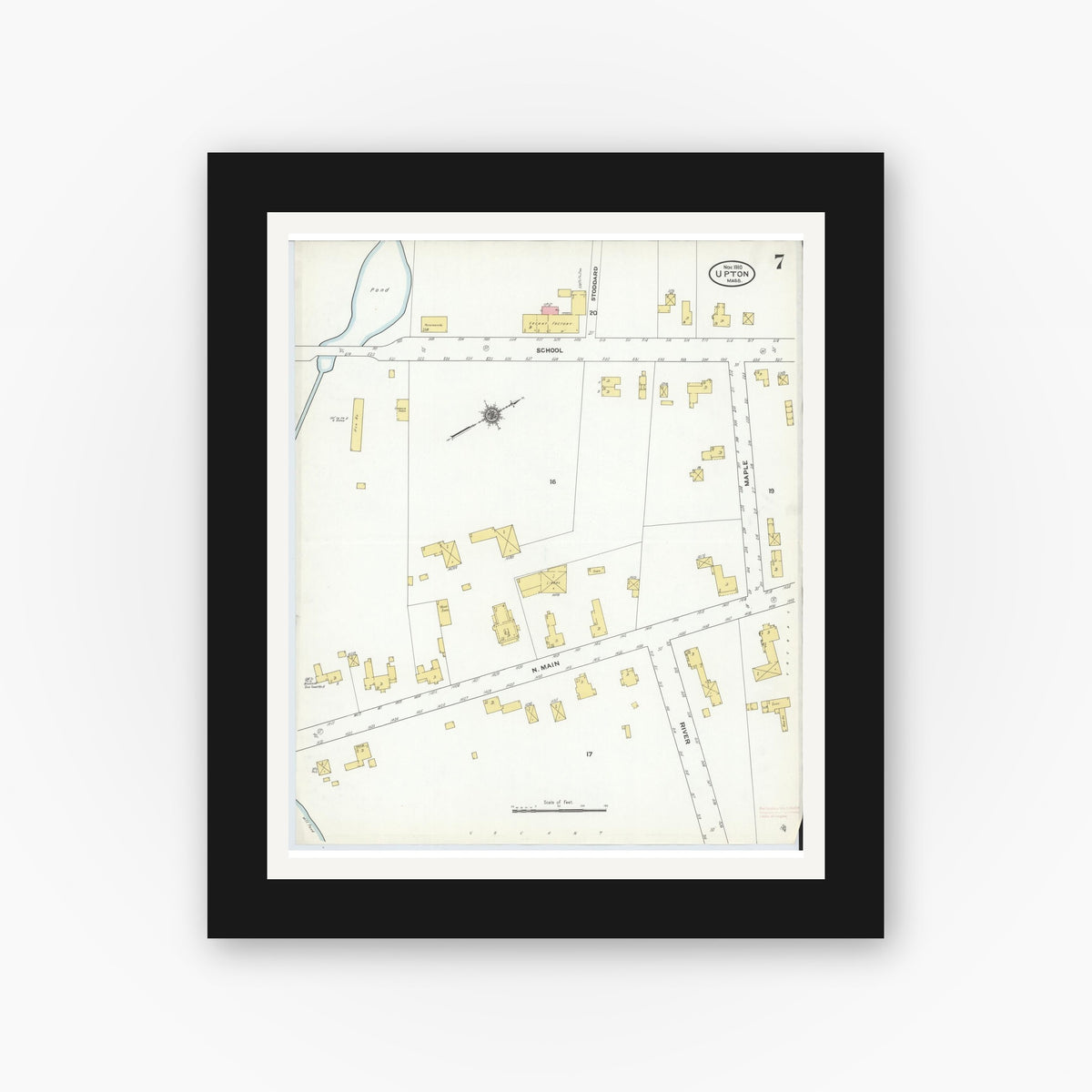 Old map wall art mockup — black gallery frame with white mat — Sanborn Fire Insurance Map from Upton, Worcester County, Massachusetts (1910), Sheet #0007