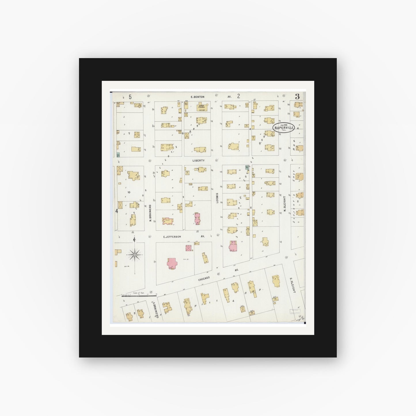 Old map wall art mockup — black gallery frame with white mat — Sanborn Fire Insurance Map from Naperville, Du Page County, Illinois (1898), Sheet #0003