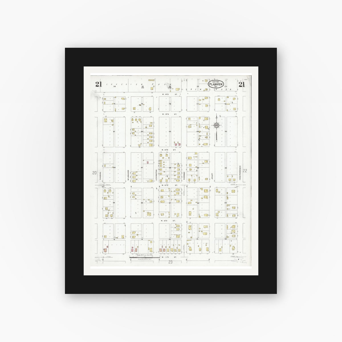 Old map wall art mockup — black gallery frame with white mat — Sanborn Fire Insurance Map from Plainview, Hale County, Texas (1927), Sheet #0021
