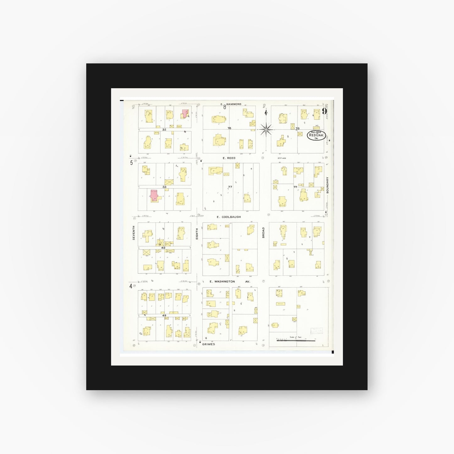 Old map wall art mockup — black gallery frame with white mat — Sanborn Fire Insurance Map from Red Oak, Montgomery County, Iowa (1908), Sheet #0009