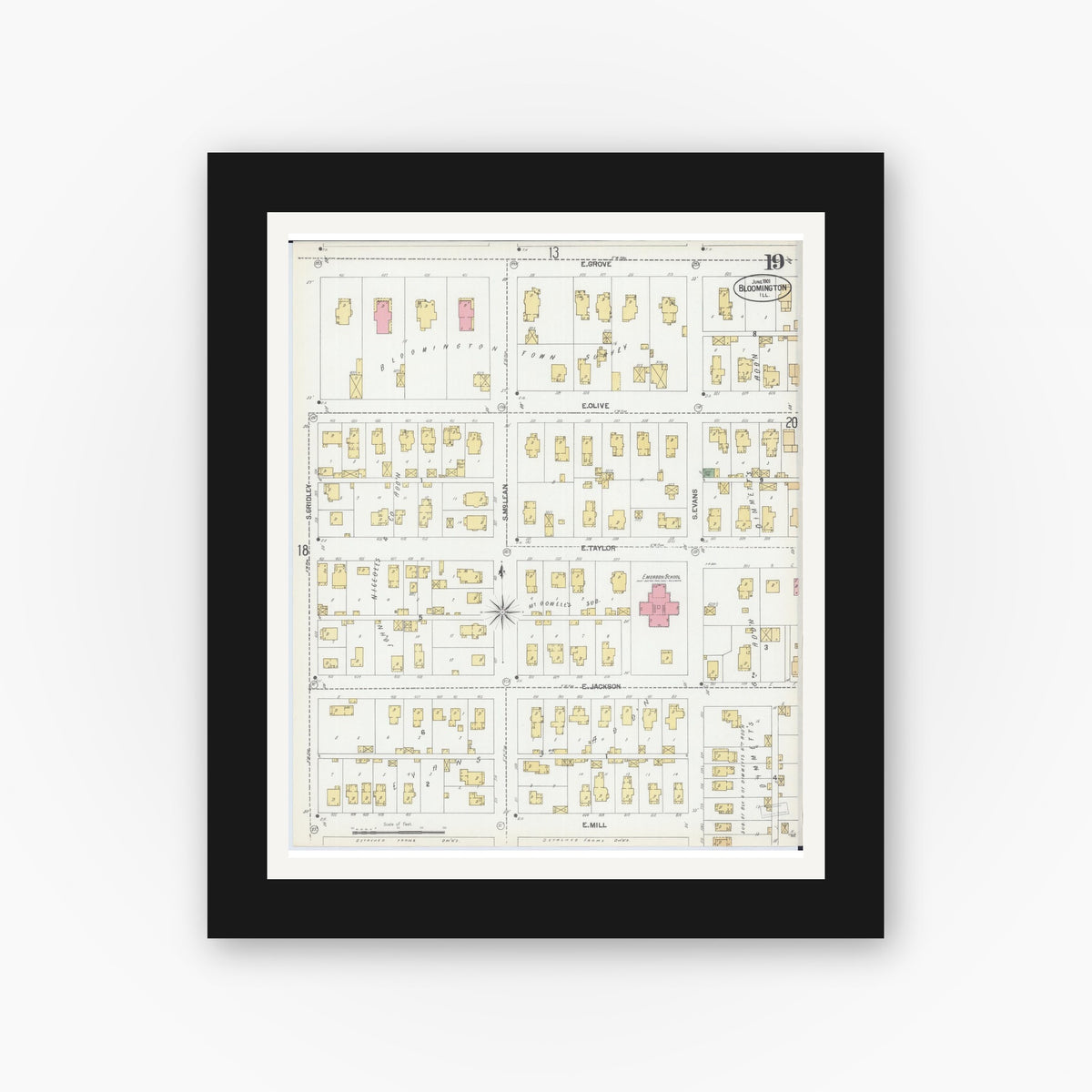 Old map wall art mockup — black gallery frame with white mat — Sanborn Fire Insurance Map from Bloomington, McLean County, Illinois (1901), Sheet #0019