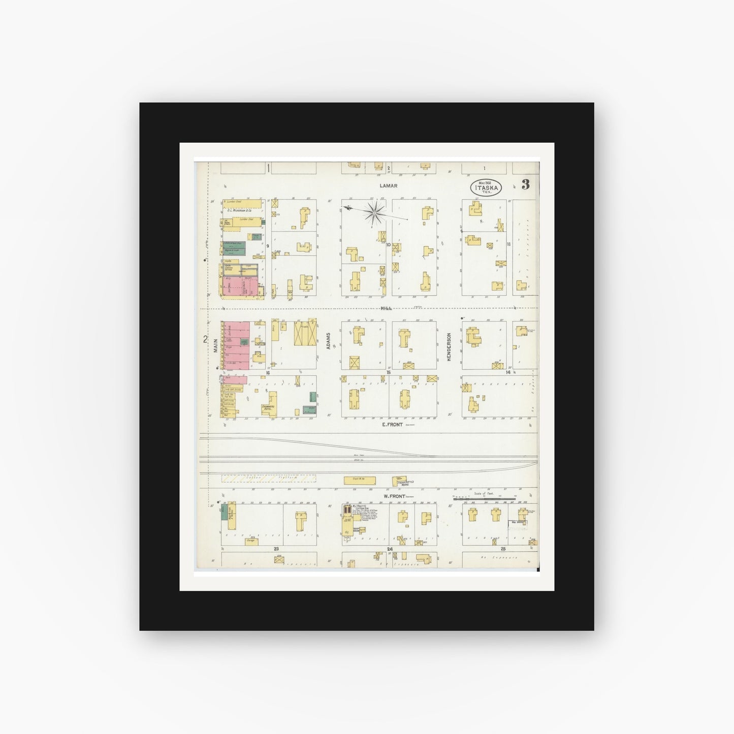 Old map wall art mockup — black gallery frame with white mat — Sanborn Fire Insurance Map from Itasca, Hill County, Texas (1902), Sheet #0003