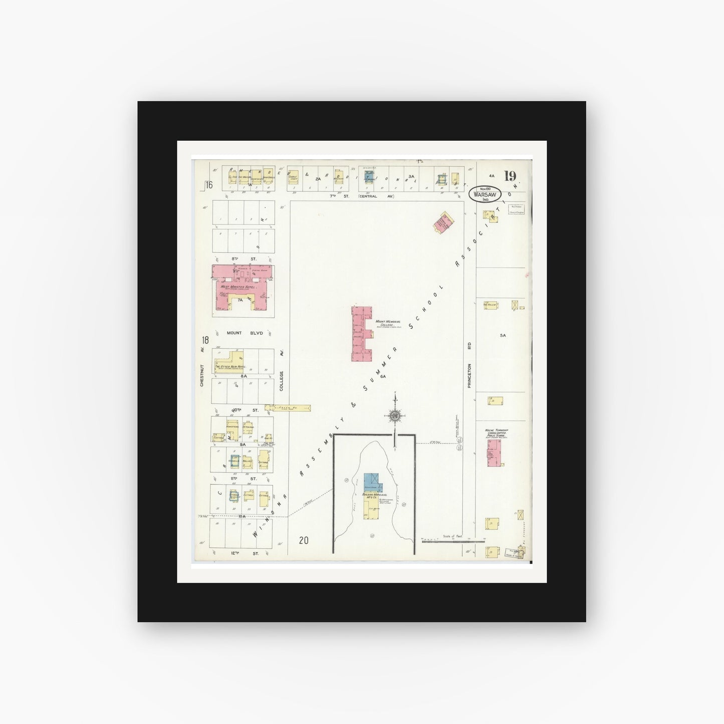 Old map wall art mockup — black gallery frame with white mat — Sanborn Fire Insurance Map from Warsaw, Kosciusko County, Indiana (1910), Sheet #0019