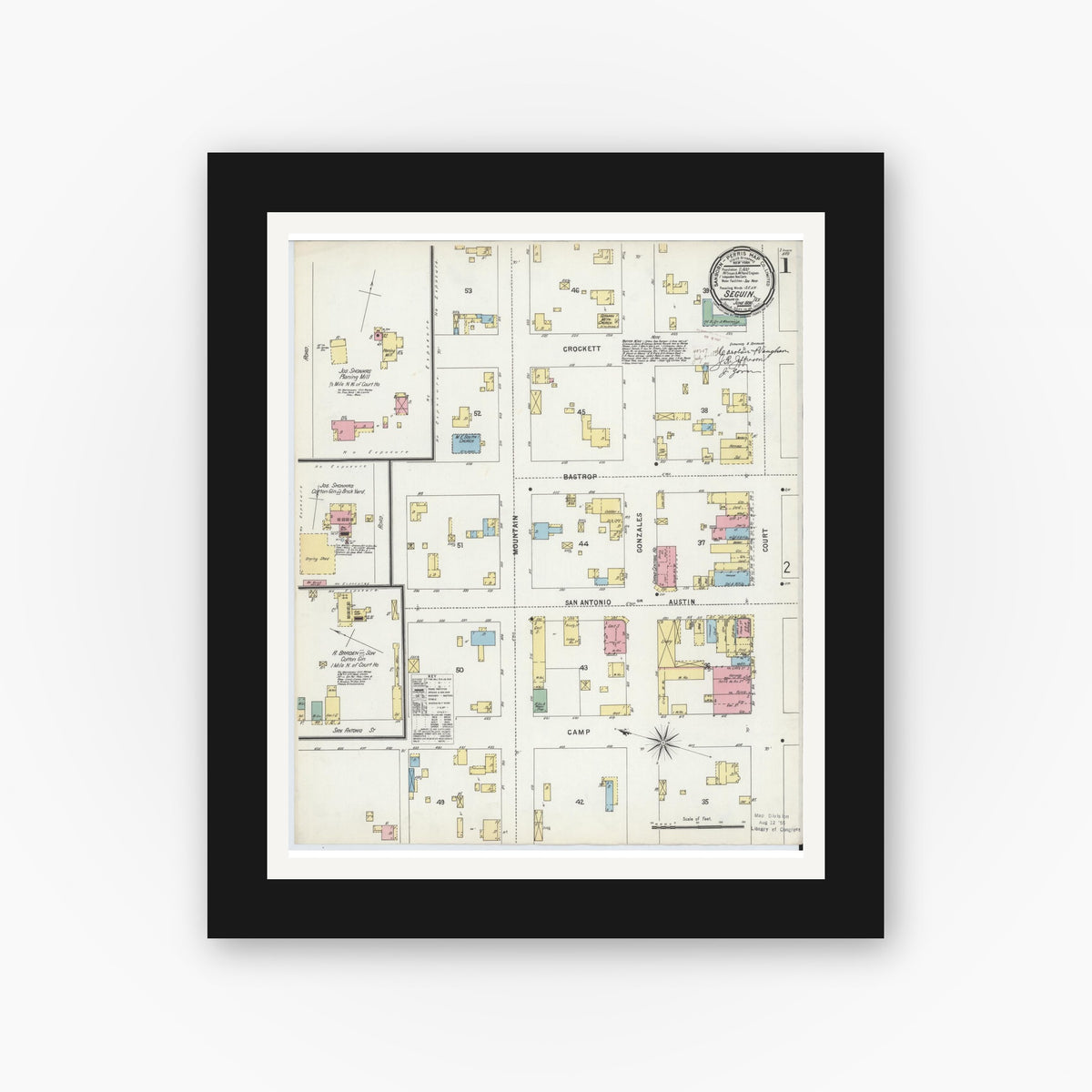 Old map wall art mockup — black gallery frame with white mat — Sanborn Fire Insurance Map from Seguin, Guadalupe County, Texas (1896), Sheet #0001