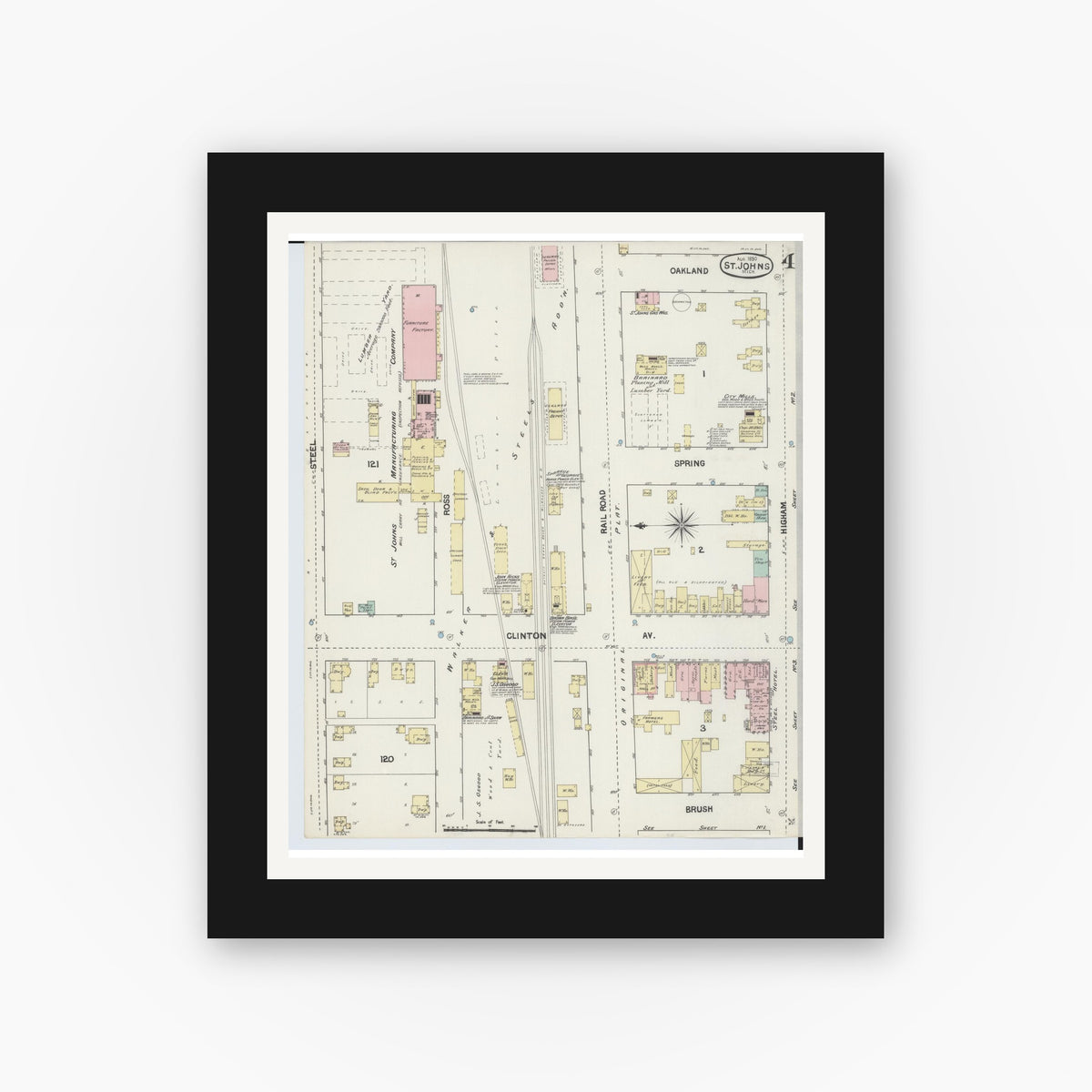 Old map wall art mockup — black gallery frame with white mat — Sanborn Fire Insurance Map from Saint Johns, Clinton County, Michigan (1890), Sheet #0004