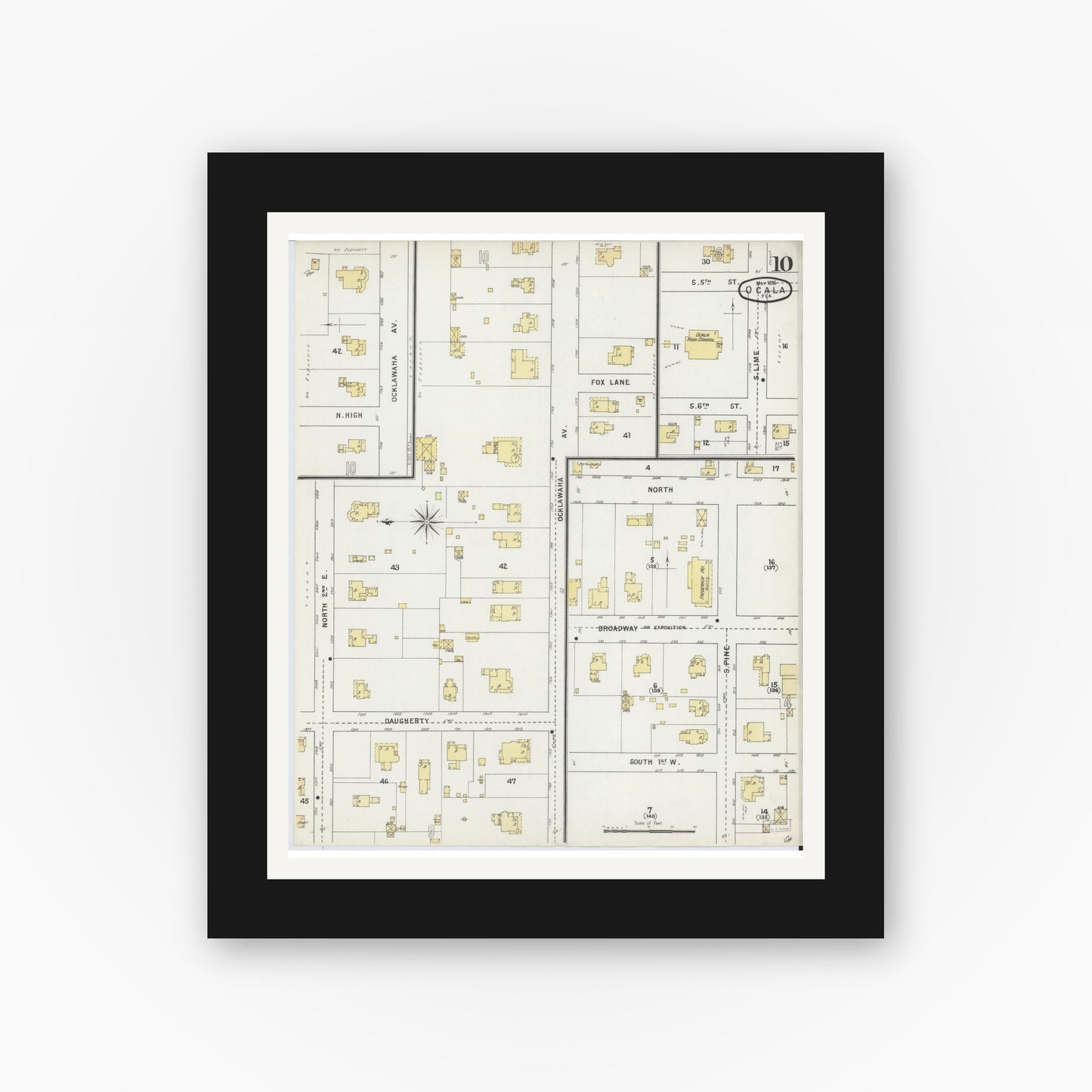 Old map wall art mockup — black gallery frame with white mat — Sanborn Fire Insurance Map from Ocala, Marion County, Florida (1895), Sheet #0010