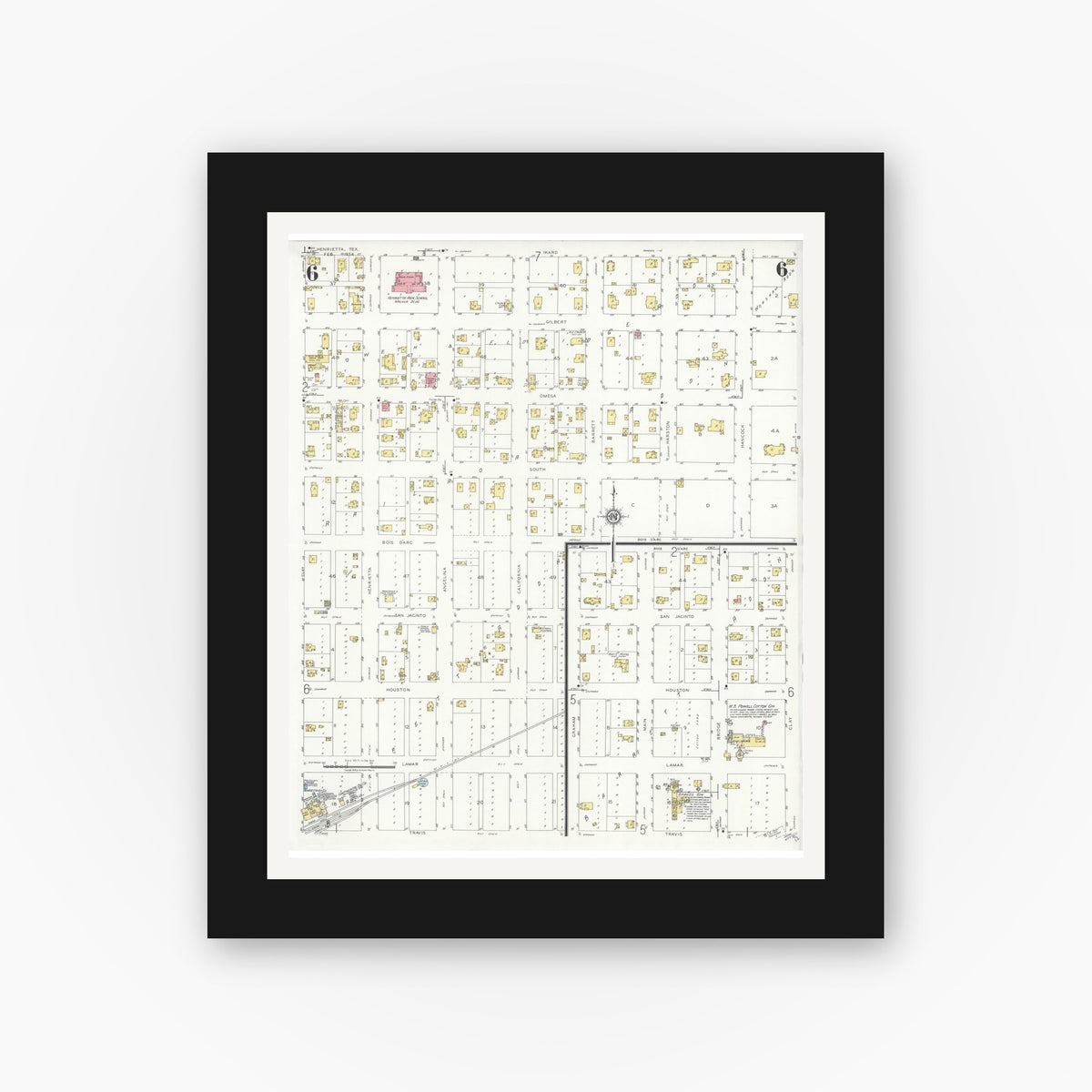 Old map wall art mockup — black gallery frame with white mat — Sanborn Fire Insurance Map from Henrietta, Clay County, Texas (1934), Sheet #0006