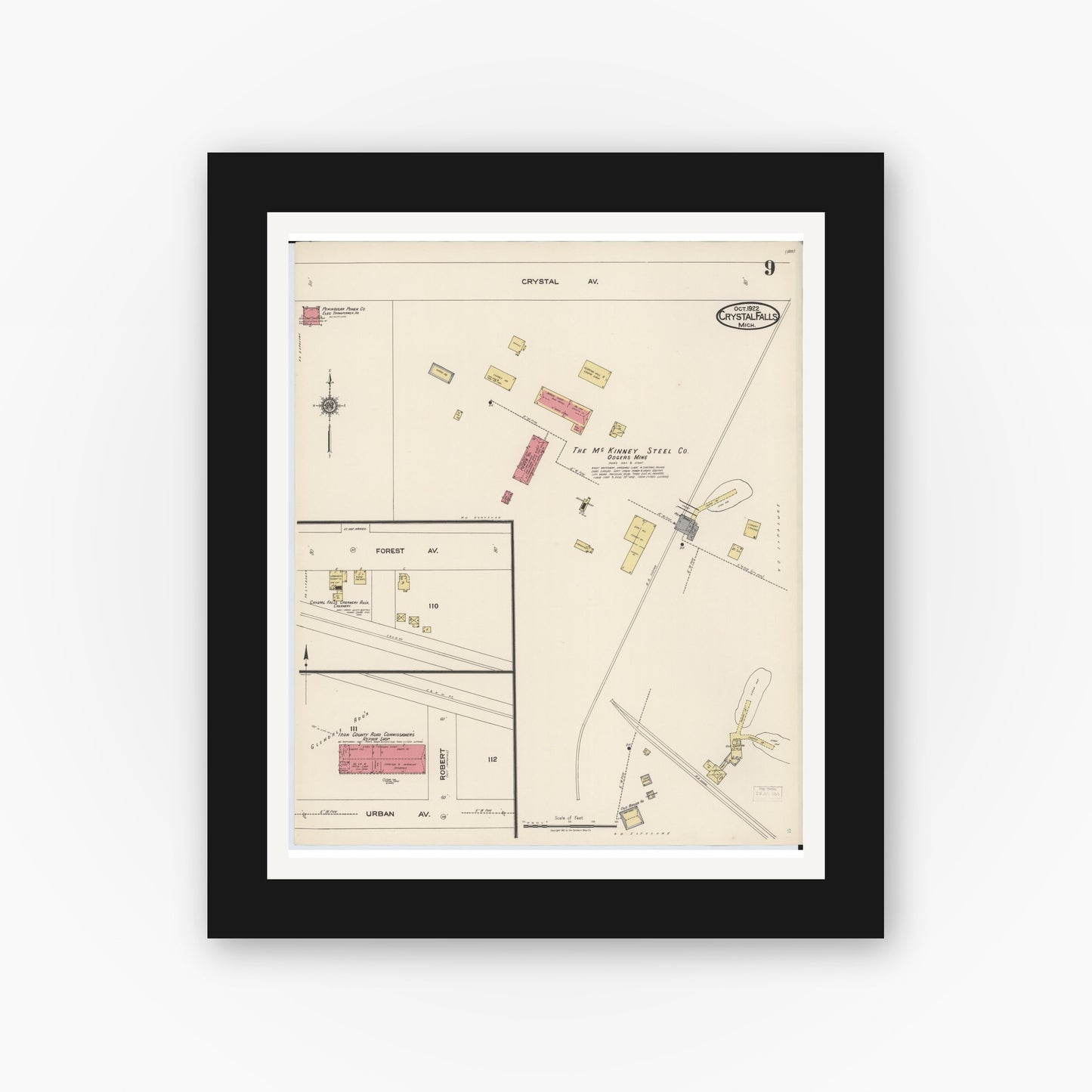 Old map wall art mockup — black gallery frame with white mat — Sanborn Fire Insurance Map from Crystal Falls, Iron County, Michigan (1922), Sheet #0009