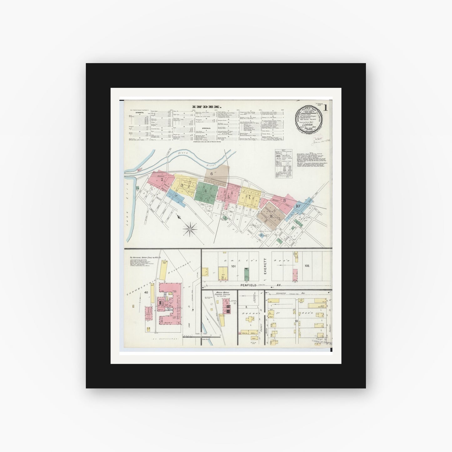 Old map wall art mockup — black gallery frame with white mat — Sanborn Fire Insurance Map from Lorain, Lorain County, Ohio (1896) - Complete Map Set