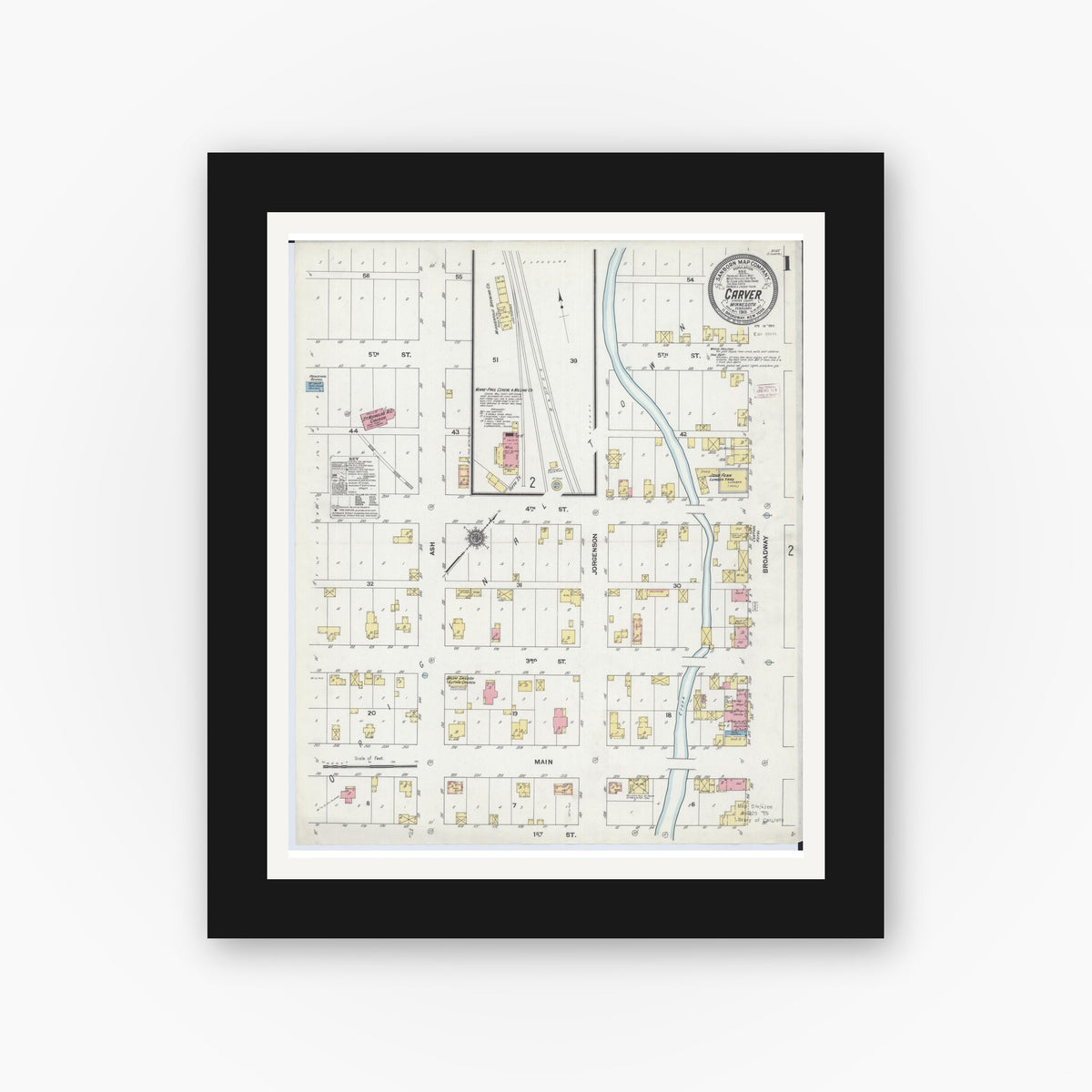 Old map wall art mockup — black gallery frame with white mat — Sanborn Fire Insurance Map from Carver, Carver County, Minnesota (1911), Sheet #0001