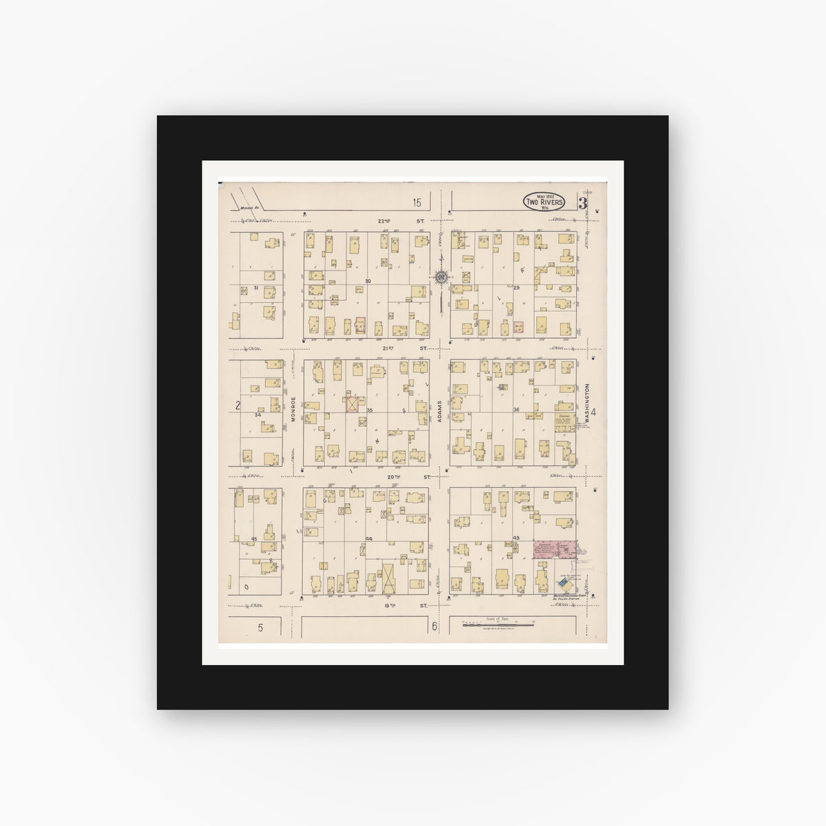 Old map wall art mockup — black gallery frame with white mat — Sanborn Fire Insurance Map from Two Rivers, Manitowoc County, Wisconsin (1922), Sheet #0003